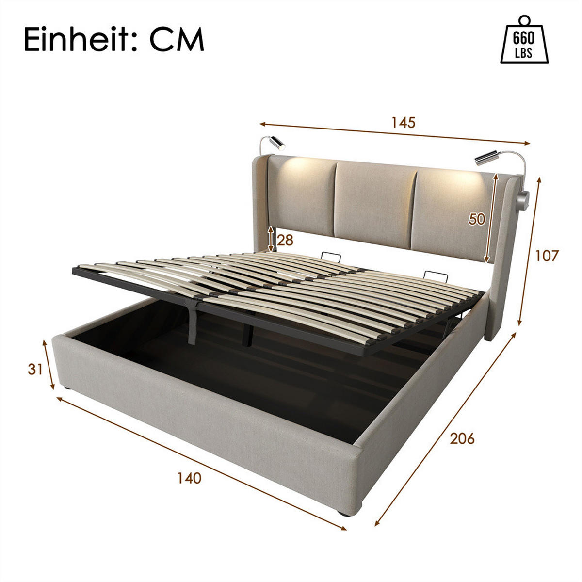 POLSTERBETT 140/200 cm in Beige Leinen mit mit USB Ladefunktion Kopfteil - Beige, Holz/Textil (140/200cm) - KOMHTOM