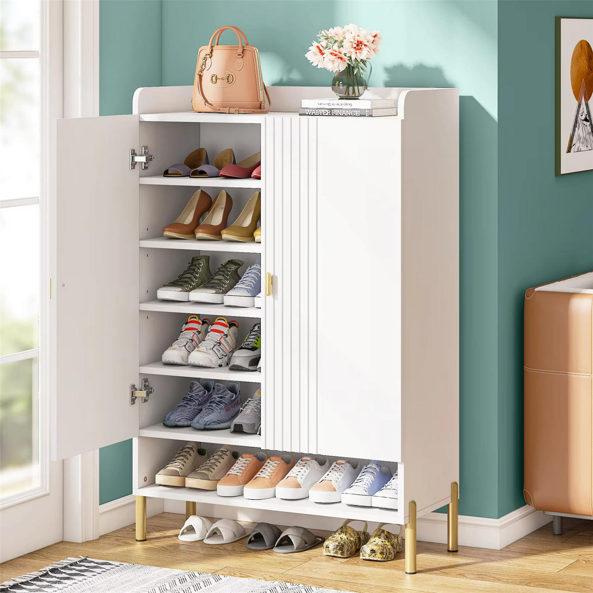 SCHUHSCHRANK Weiß mit 6 Ebenen Schuhablage - Weiß, Holz (75/110/35cm) - Kaket