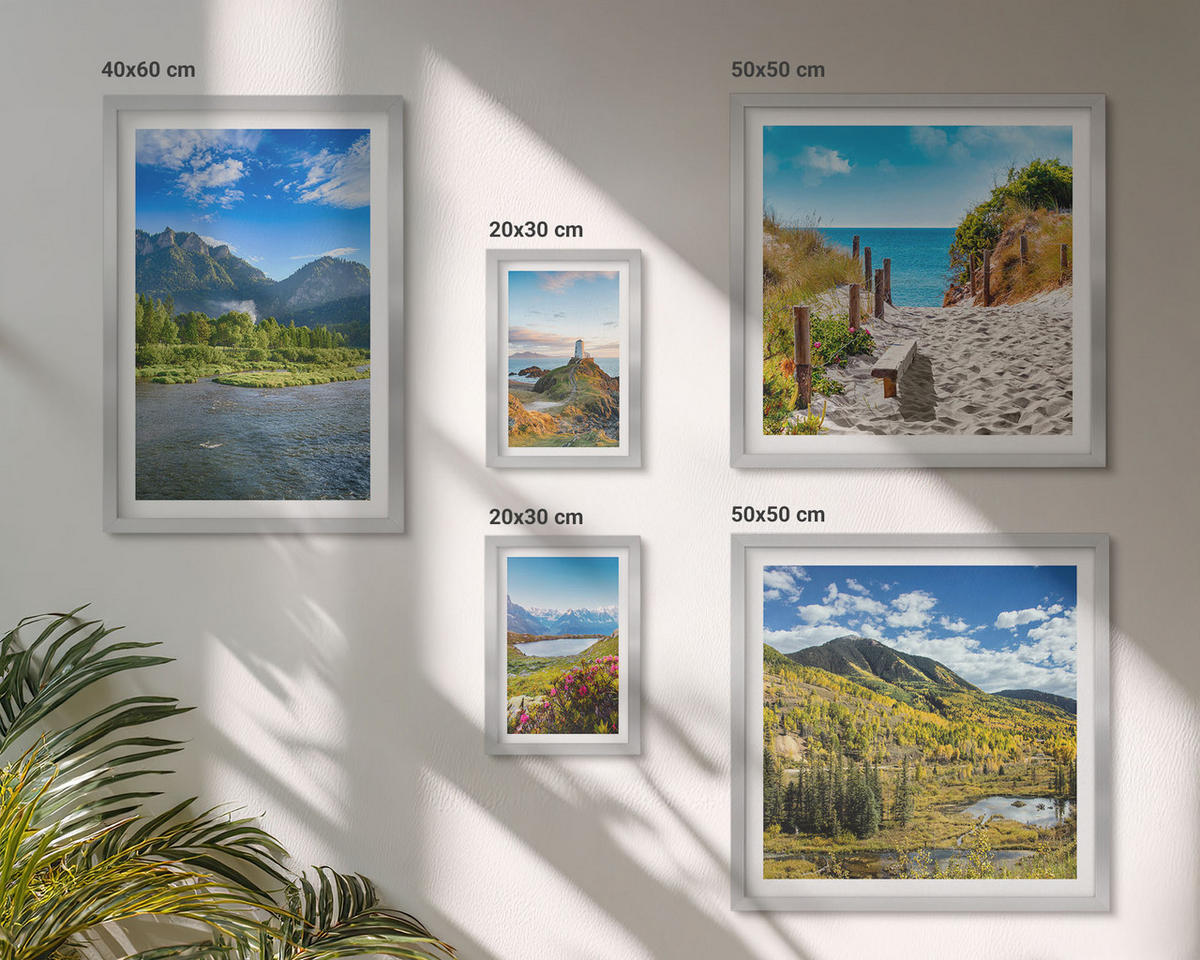 WANDBILDER 5er Set - 50x50 cm & 20x30 cm & 40x60 cm Silberner Rahmen - See, Brücken, Berge - Silberfarben, Kunststoff (40/60cm) - ArtPrintCave
