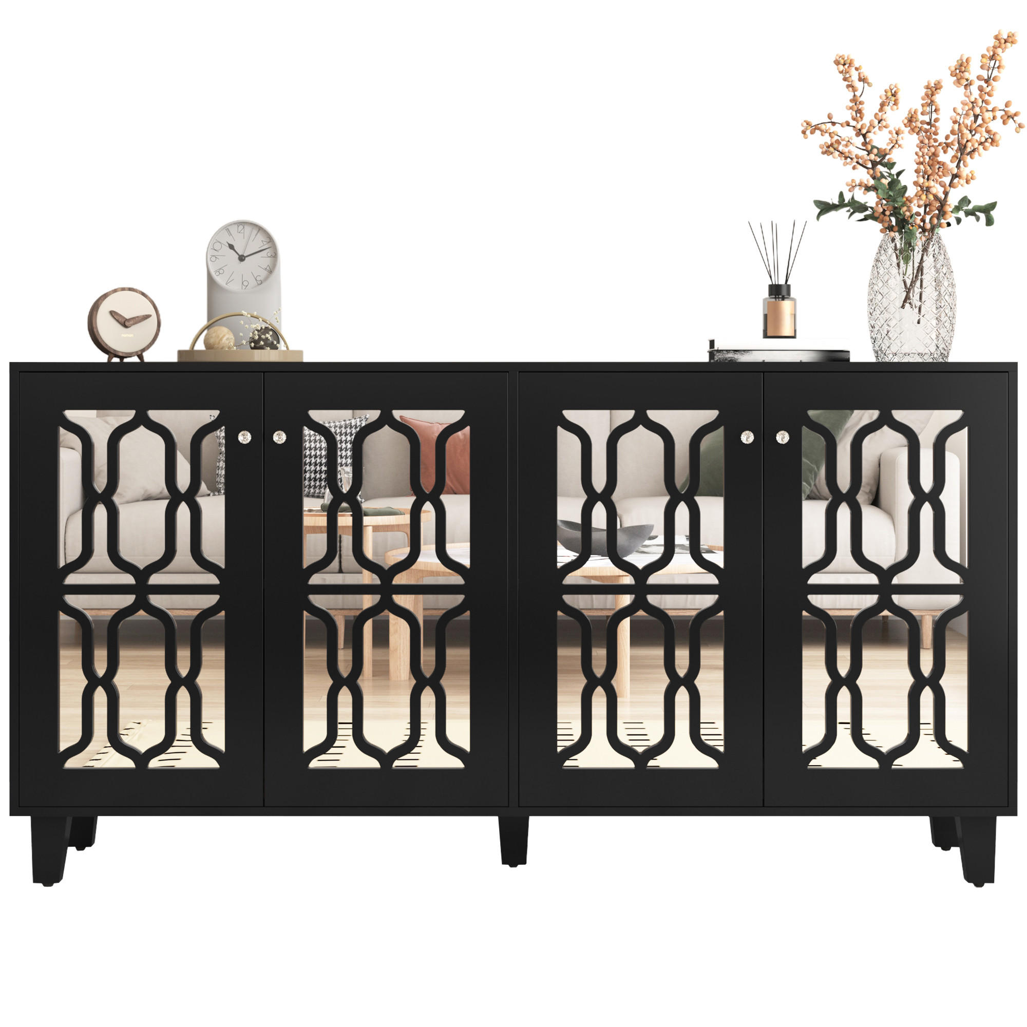 SIDEBOARD Anrichte mit 4 Türen und verstellbaren Einlegeböden mit Spiegeloberfläche Schwarz - Schwarz, Glas/Holzwerkstoff (160/84/40cm) - EVRYAE