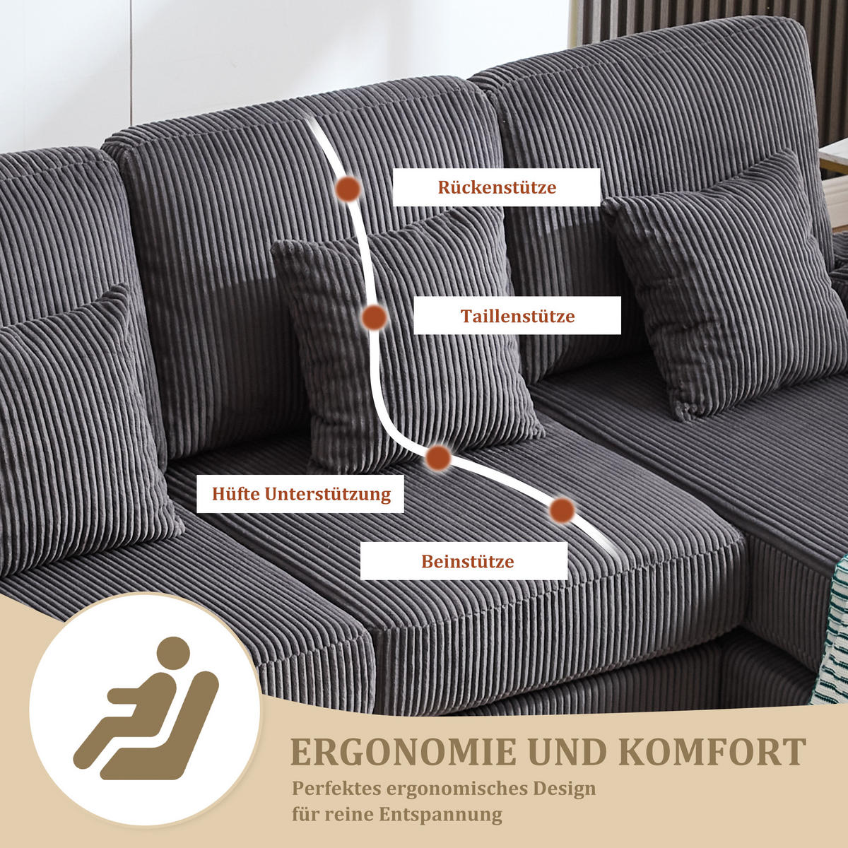 U-FORM Wohnlandschaft Samt mit LED und USB-Anschluss 265/135/88 cm Grau - Grau, Textil (135/88/265cm) - Redom