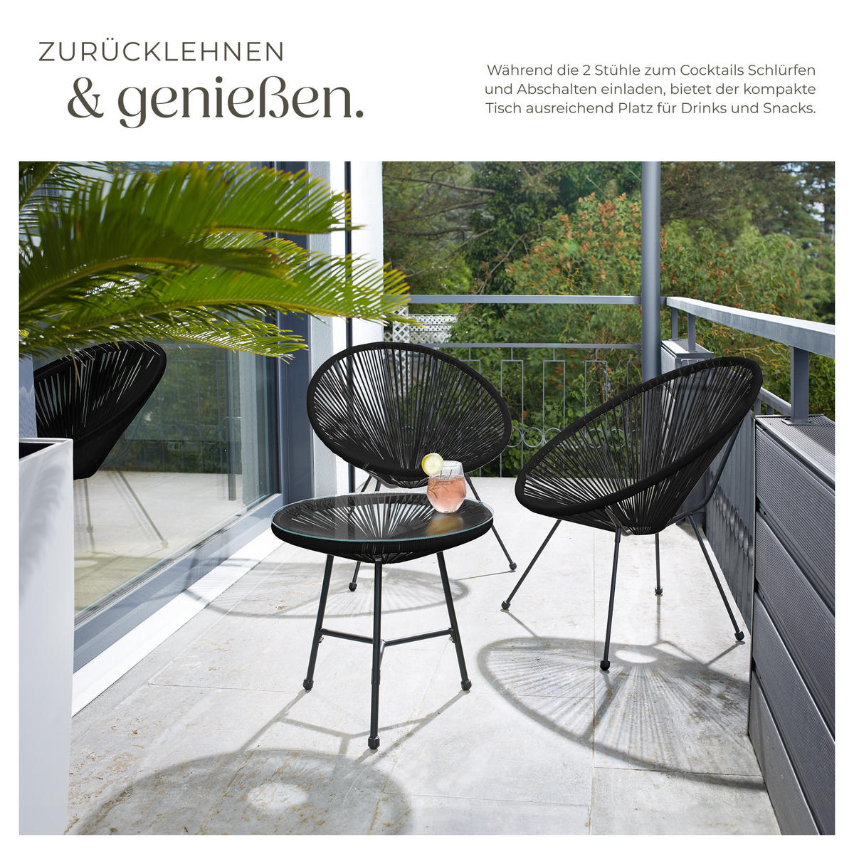 GARTENSTUHL 2er Set Santana mit Tisch, Belastbarkeit Stuhl 120 kg, schwarz - Schwarz, Kunststoff - tectake