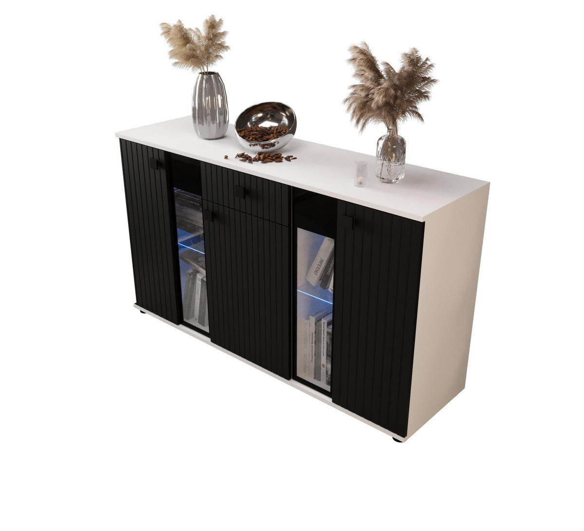 KOMMODE London LSMK LAMELE mit 3 Türen, Sideboard in Farbe: Schwarz|Weiß, Größe: 140 x 80 x 40 cm - Schwarz/Weiß, Holzwerkstoff (140/80/40cm) - O-Sofa