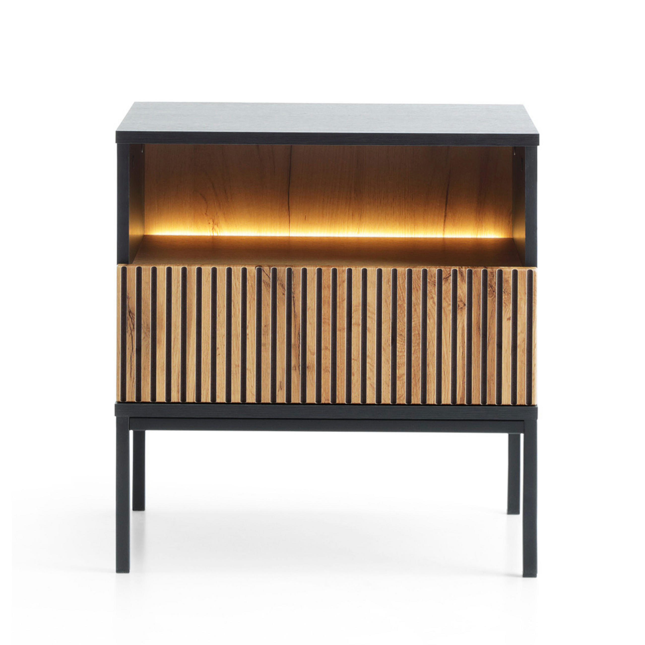 NACHTTISCH Laval ST97 LED Beleuchtung, Eiche, Schwarz - Eichefarben/Eiche Artisan, Holzwerkstoff/Metall (54/56/39cm) - Komodee