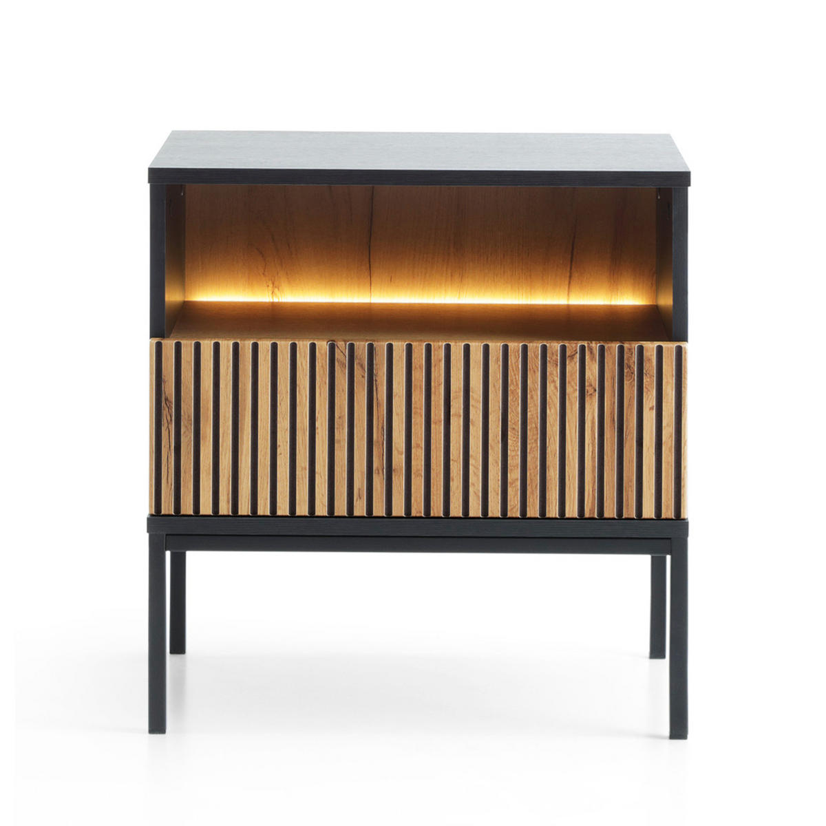 NACHTTISCH Laval ST97 LED Beleuchtung, Eiche, Schwarz - Eichefarben/Eiche Artisan, Holzwerkstoff/Metall (54/56/39cm) - Komodee
