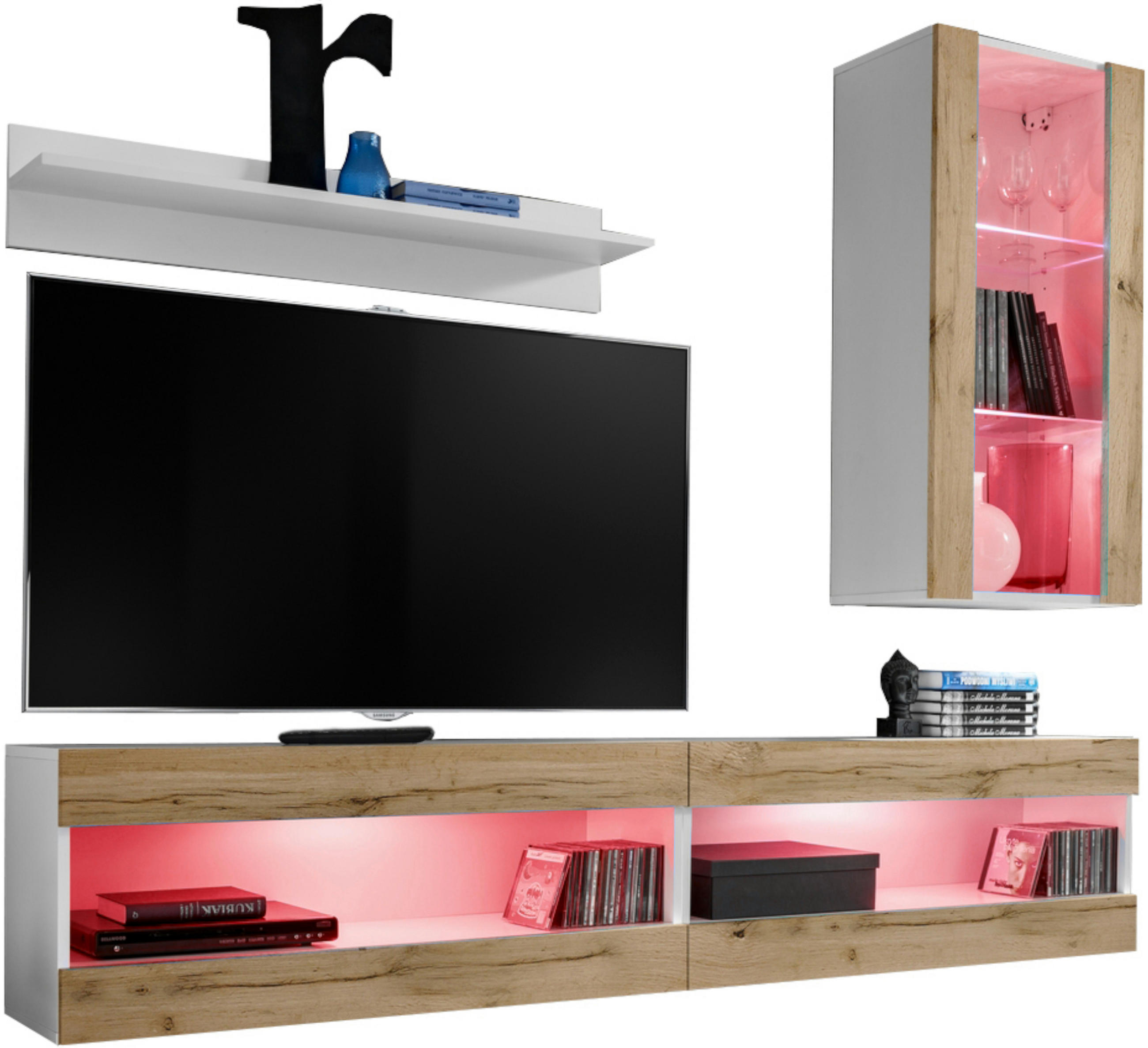 WOHNWAND 4-er Set, TIVOLI SET5 mit mehrfarbige LED RGB Beleuchtung Weiß + Wotan, Offener Raum - Eiche Wotan/Weiß, Glas/Holzwerkstoff (240/195/35cm) - Komodee
