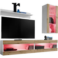WOHNWAND 4-er Set, TIVOLI SET5 mit mehrfarbige LED RGB Beleuchtung Weiß + Wotan, Offener Raum - Eiche Wotan/Weiß, Glas/Holzwerkstoff (240/195/35cm) - Komodee