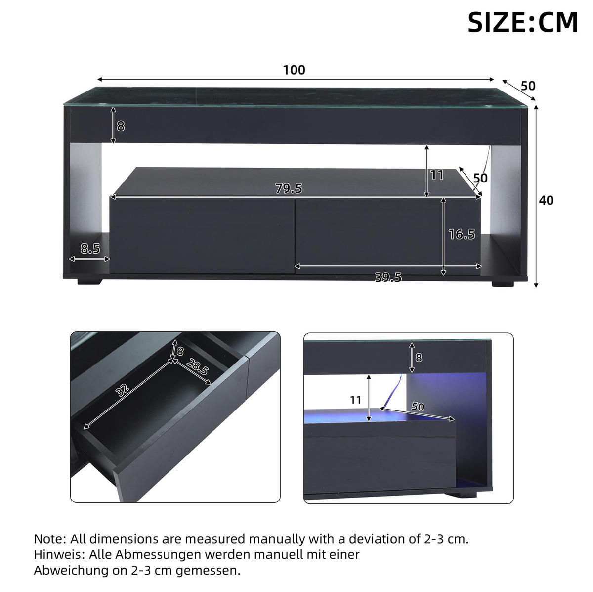COUCHTISCH 100/50/40 cm in Schwarz mit LED-Beleuchtung und 2 Schubladen - Schwarz, Holzwerkstoff (100/50/40cm) - Flora Grace
