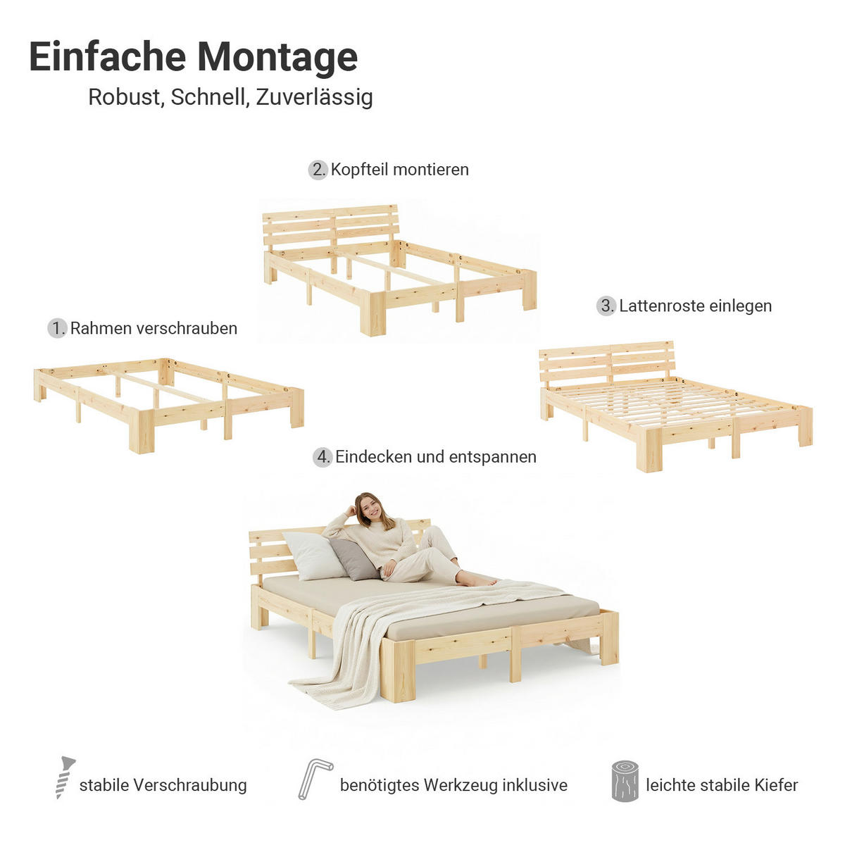 HOLZBETT mit Matratze 140/200 cm natur - Braun, Holz (140/200cm) - Homestyle4u