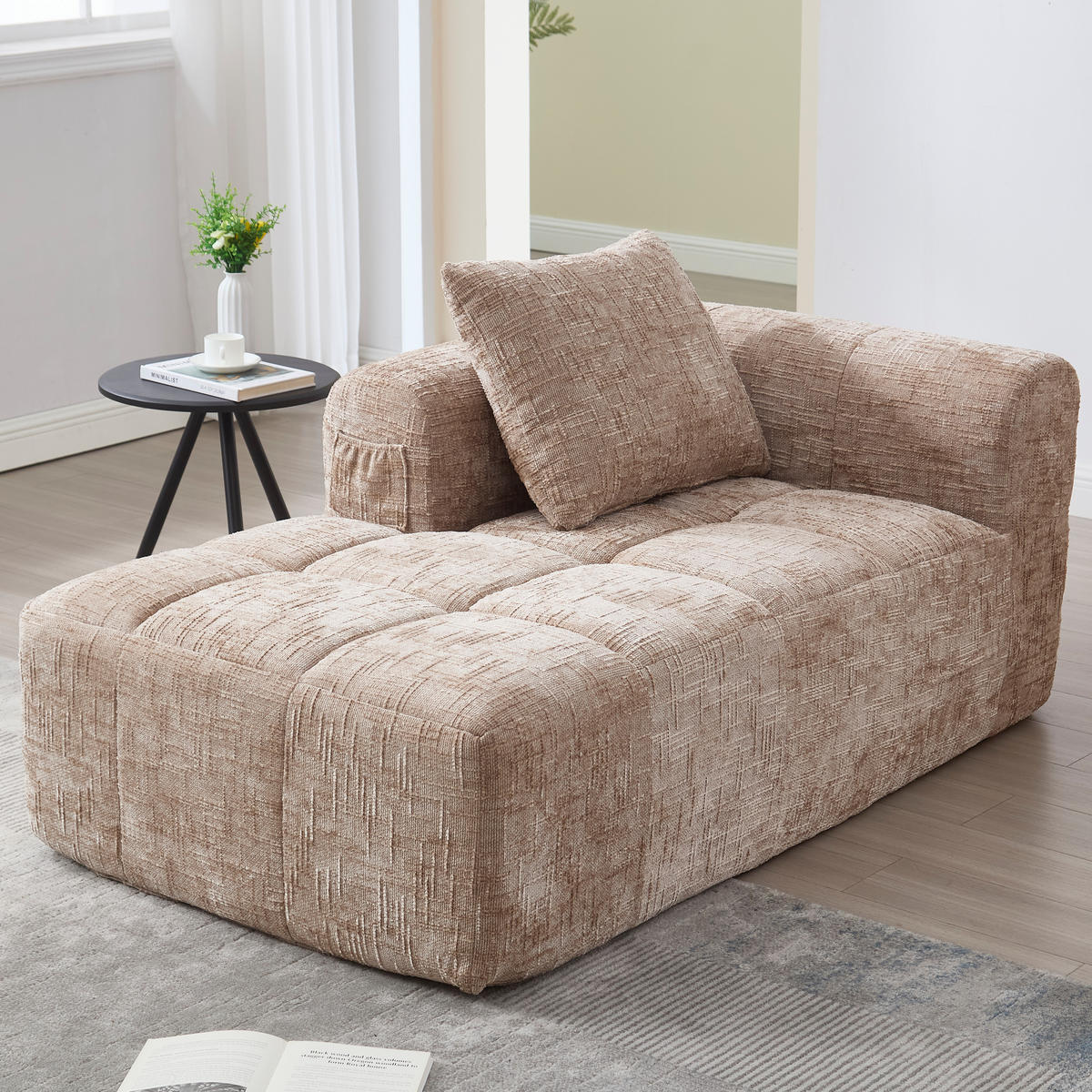 RÉCAMIERE Chenille Khaki mit Kissen und Stauraum - Hellbraun, Textil (158/60/90cm) - WISHDOR