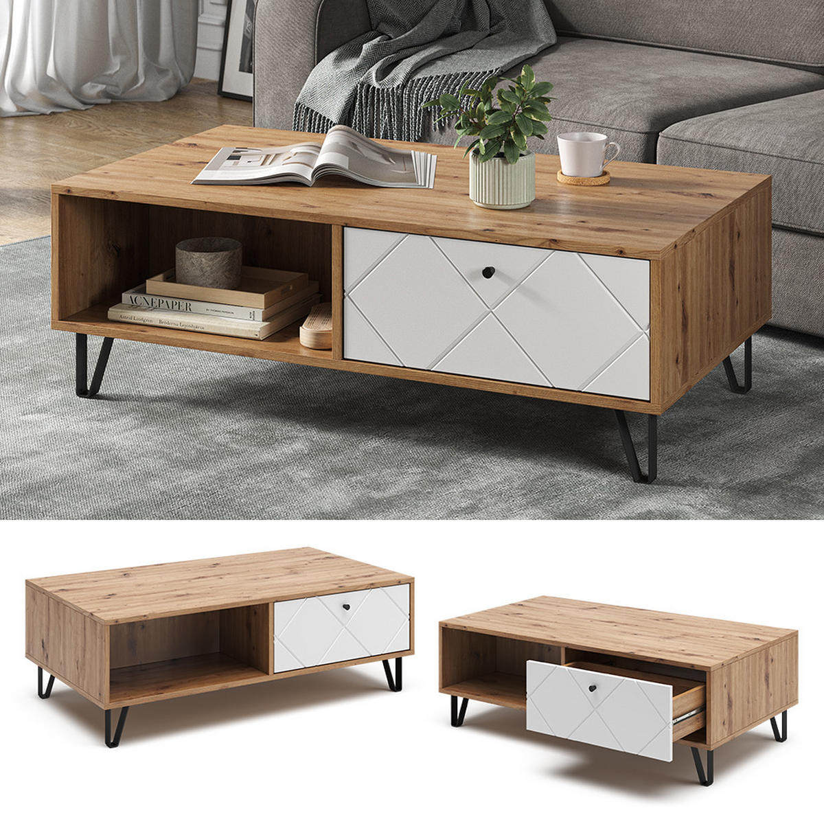 COUCHTISCH Nizza Artisan-Eiche 110 x 60 cm - Eiche Artisan/Weiß, Holzwerkstoff (60/110/37cm) - Vicco