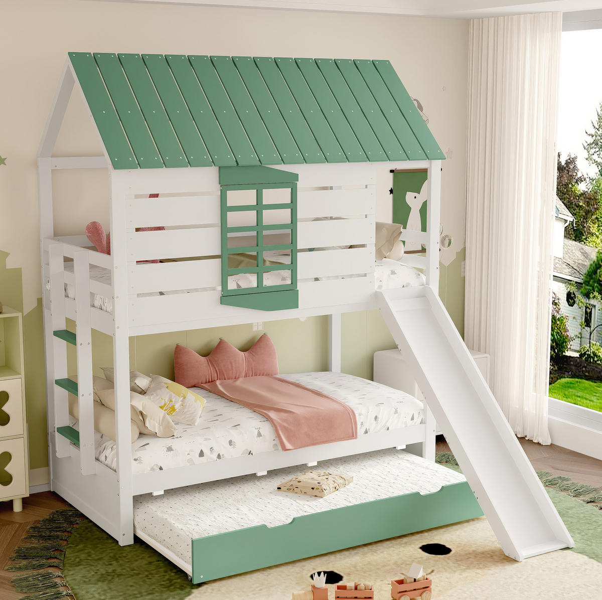ETAGENBETT aus Kiefer und MDF 90x200 cm Weiß/Grün mit Rutsche, Ausziehbett und Hausdach - Weiß, Holzwerkstoff (90/200cm) - Modfu