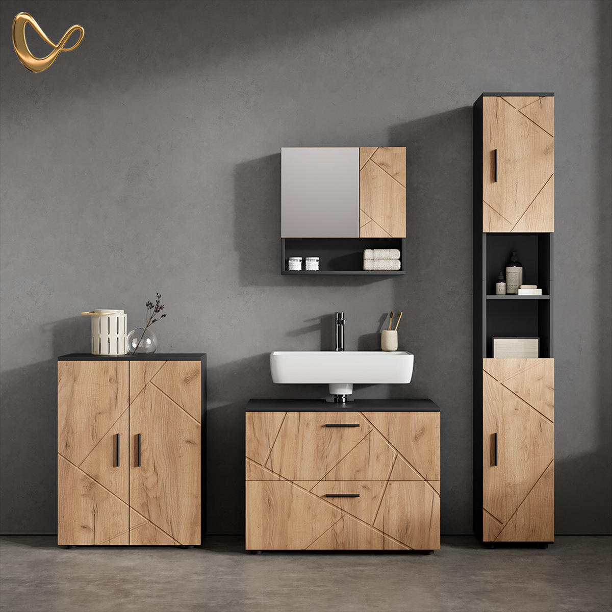 BADMÖBEL-SET Ronco Goldkraft Eiche/Anthrazit 4 Teile, mit Schubladenschrank und Midischrank - Anthrazit/Eiche Wotan, Holzwerkstoff (80/58/41cm) - Livinity®