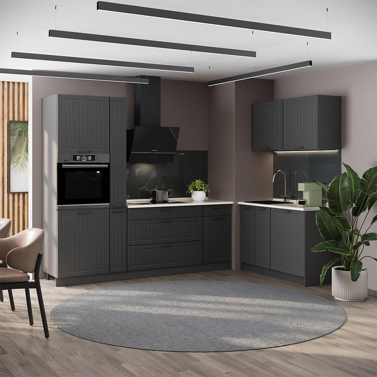 KÜCHENZEILE Fame-Line, Dunkelgrau/Weiß, 220 x 120 cm ohne Arbeitsplatte - Dunkelgrau/Weiß, Holzwerkstoff (220/206.8/51.6cm) - Vicco