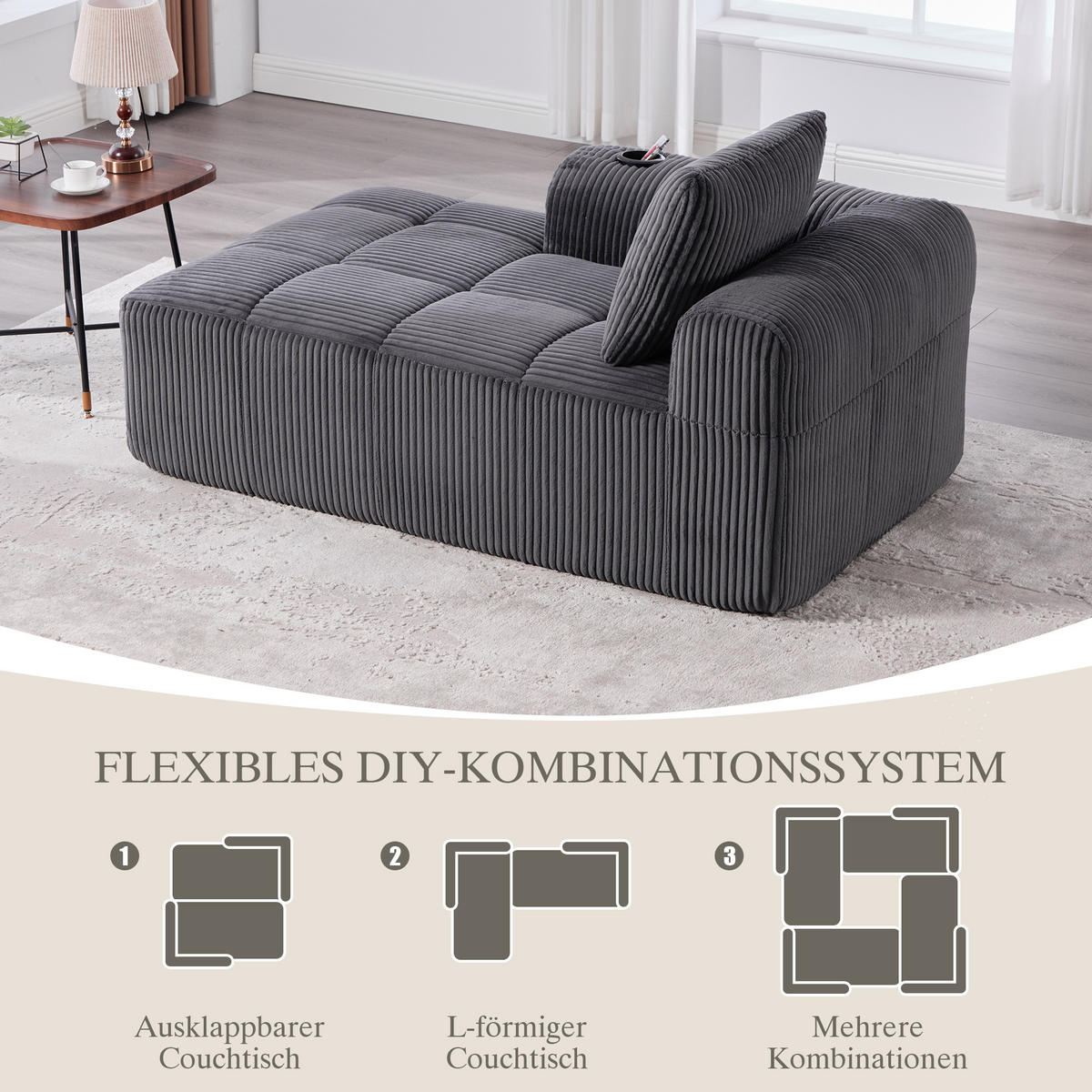 CHAISELONGUE in Cord (158 cm) mit Getränkehalter & Seitentaschen - Dunkelgrau, Textil (158/61/93cm) - Urban Meuble