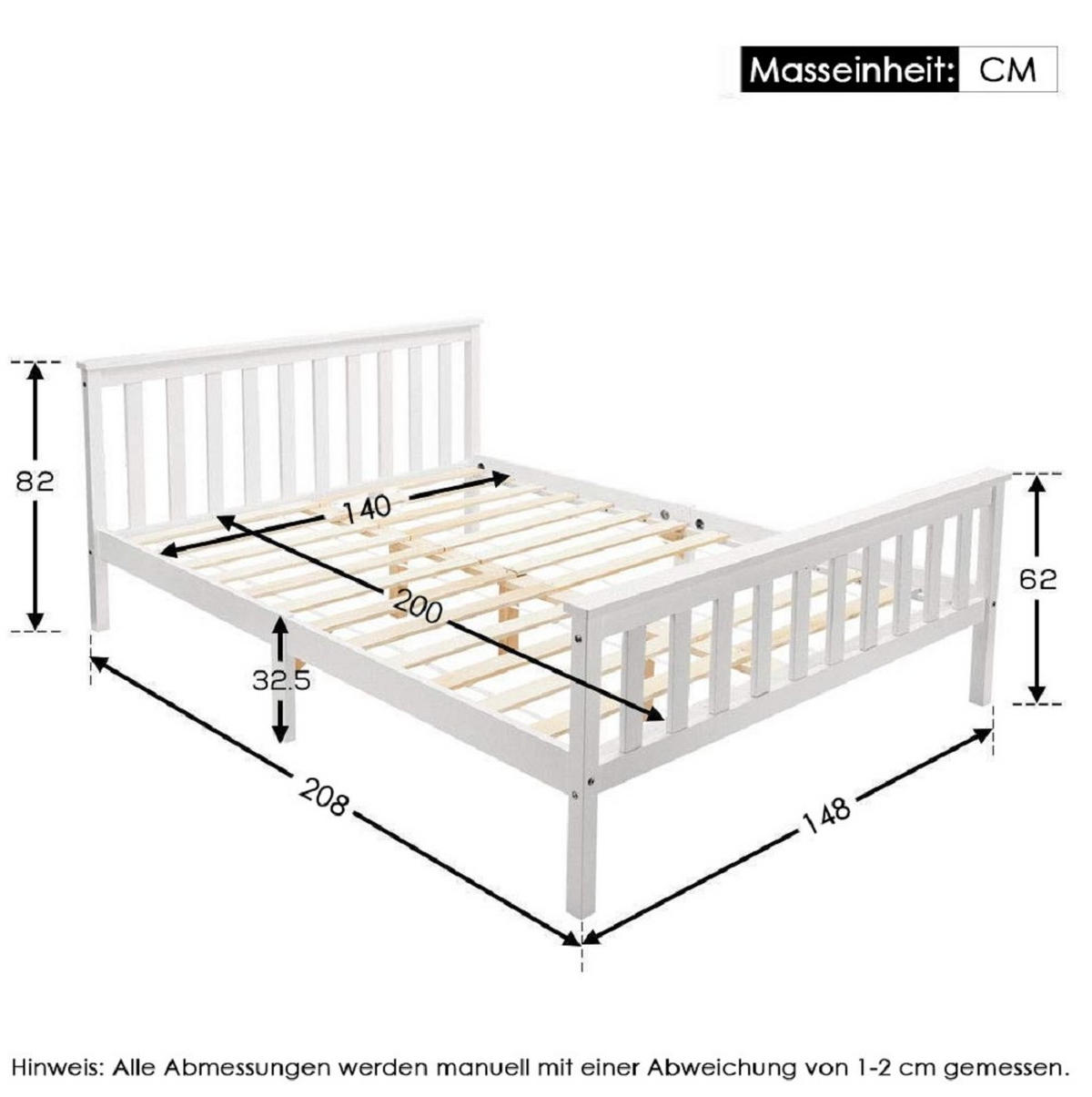 POLSTERBETT 140/200 cm mit Lattenrost,stabile Kiefer-MDF-Konstruktion, Weiß - Weiß, Holzwerkstoff (140/200cm) - Redom