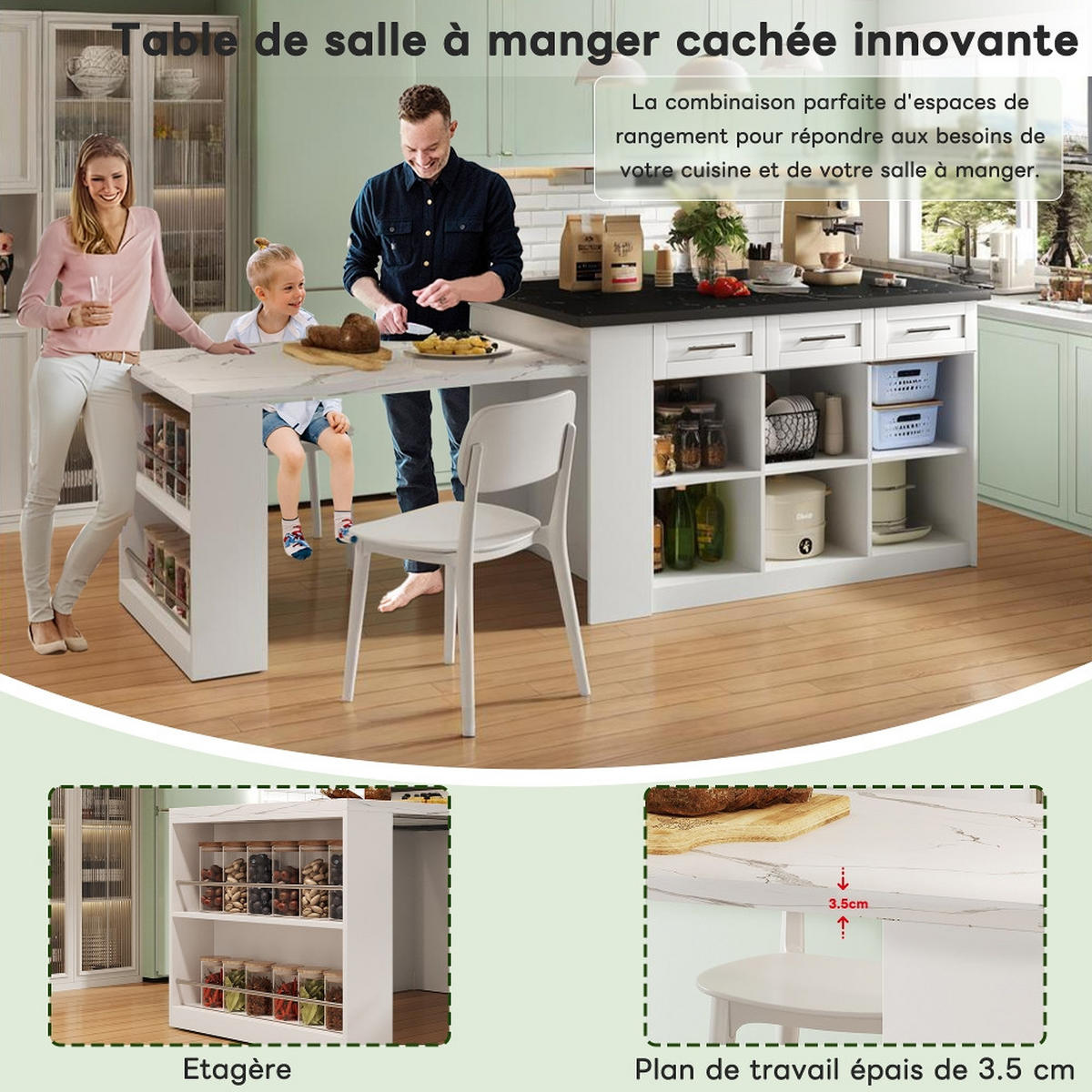 KÜCHENINSEL MIT ESSTISCH ausziehbar, Marmor-Optik, Weiß-Schwarz, 150/90/90 cm - Weiß, Kunststoff (90/90/150cm) - Rolipo