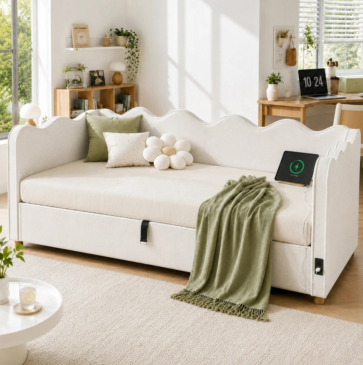 KINDERBETT 90/200 cm mit hydraulischem Stauraum, USB- und Type-C-Anschluss, Samtbezug, Beige - Beige, Textil (90/200cm) - Redom