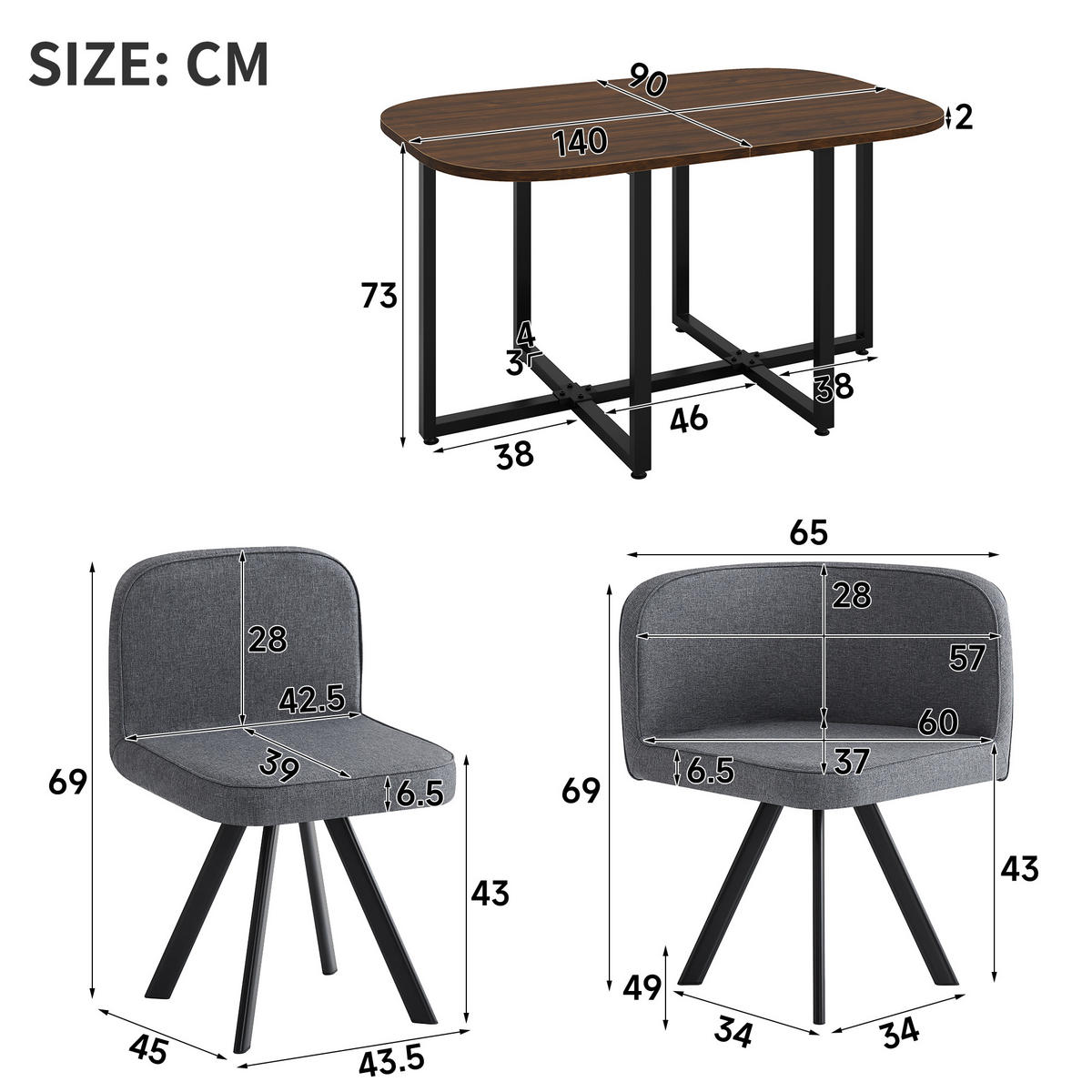 ESSTISCH SET 6 Personen 140x90cm Walnuss Grau Leinen - Walnussfarben/Grau, Holzwerkstoff (140/73/90cm) - FLIEKS