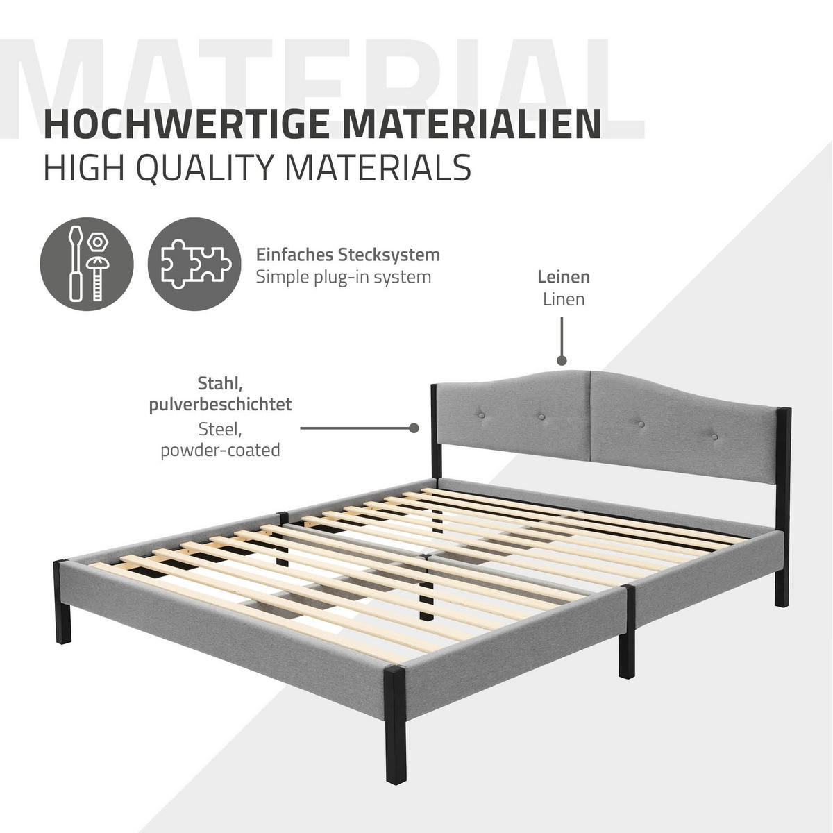 ČALOUNĚNÁ POSTEL 160x200 cm šedá s roštem a lněnou látkou - šedá, kompozitní dřevo/textil (160/200cm) - ML-DESIGN
