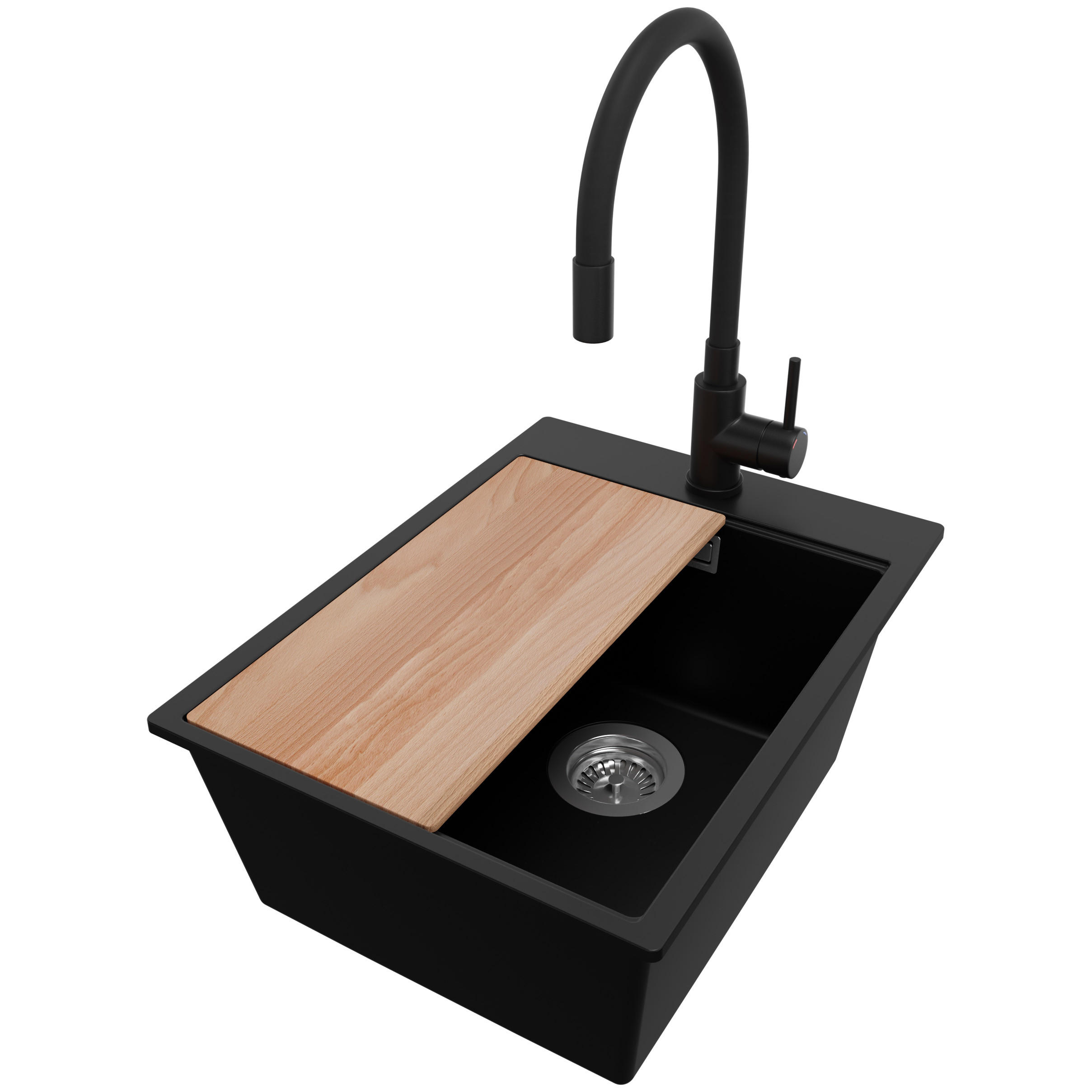 GRANITSPÜLE Oslo, 2-er set Schwarz 38/50 cm 1 Becken + Küchenarmatur 40/38 cm + Ablauf-Set + Schneidebrett ab 40er Unterschrank - Chromfarben/Beige, Kunststoff (38/20/50cm) - Primagran