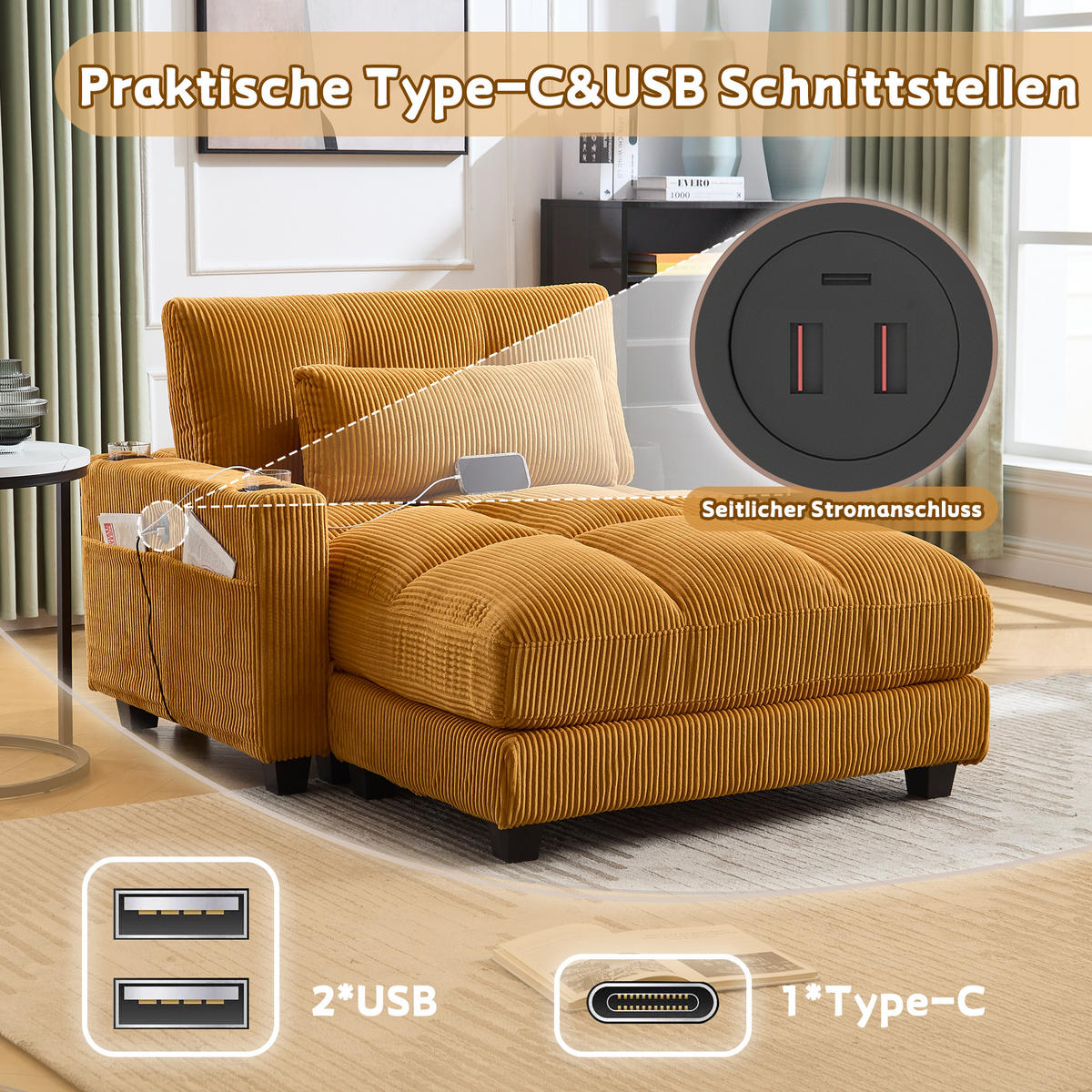 RÉCAMIERE Cord Senfgelb mit USB, Getränkehaltern und Seitentasche - Orange, Holzwerkstoff/Kunststoff (140/81/121cm) - WISHDOR
