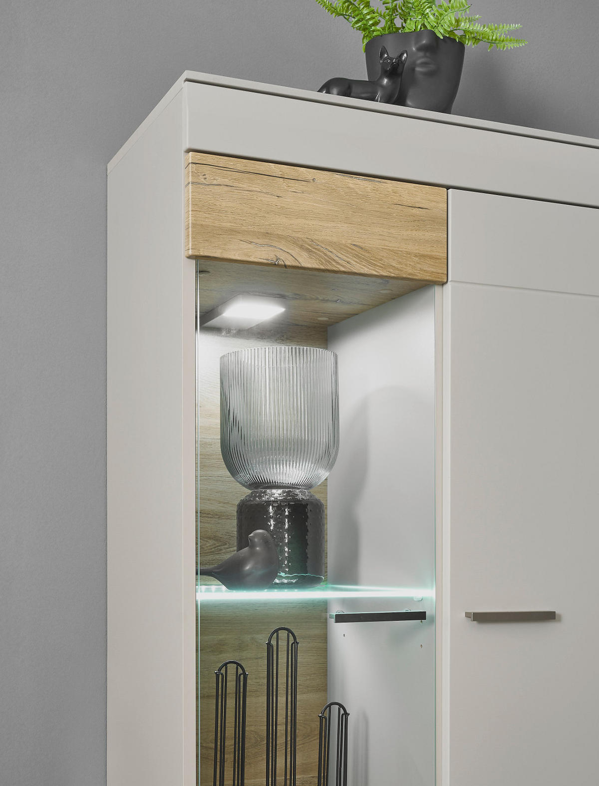VITRINE grau matt, Zinneiche 90 cm, Vitrinenschrank mit Soft-Close-Funktion - Eichefarben/Silberfarben, Glas/Holzwerkstoff (90/139/35cm) - Furn.Design