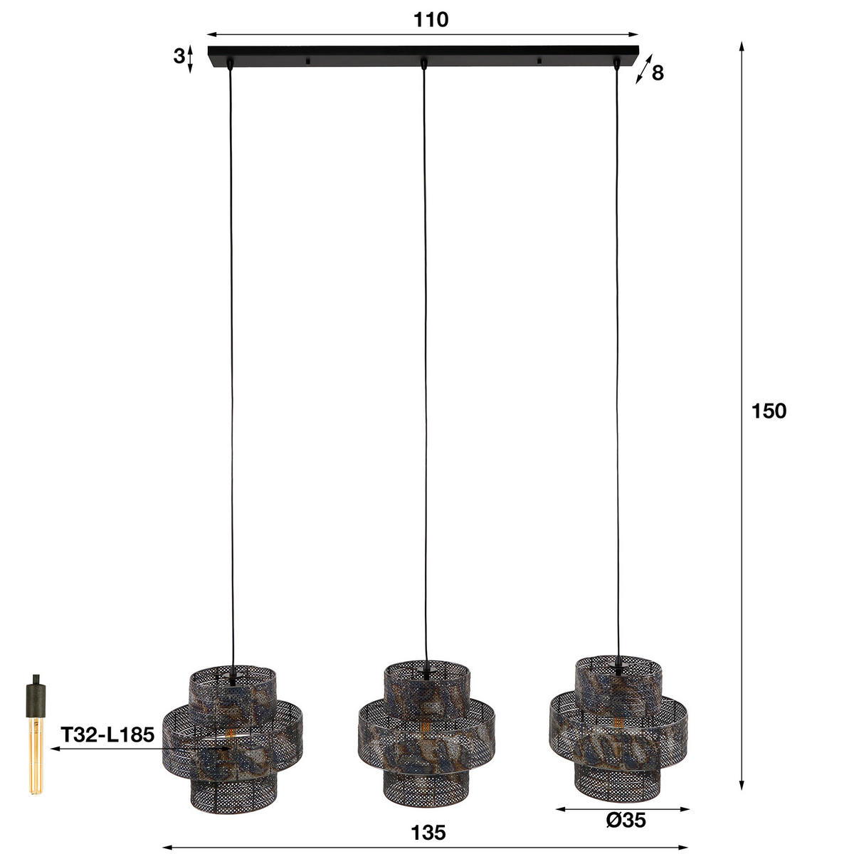 HÄNGELEUCHTE Laterne Schwarz 35/135/150 cm - Braun, Metall (35/135/150cm) - Hoyz Collection