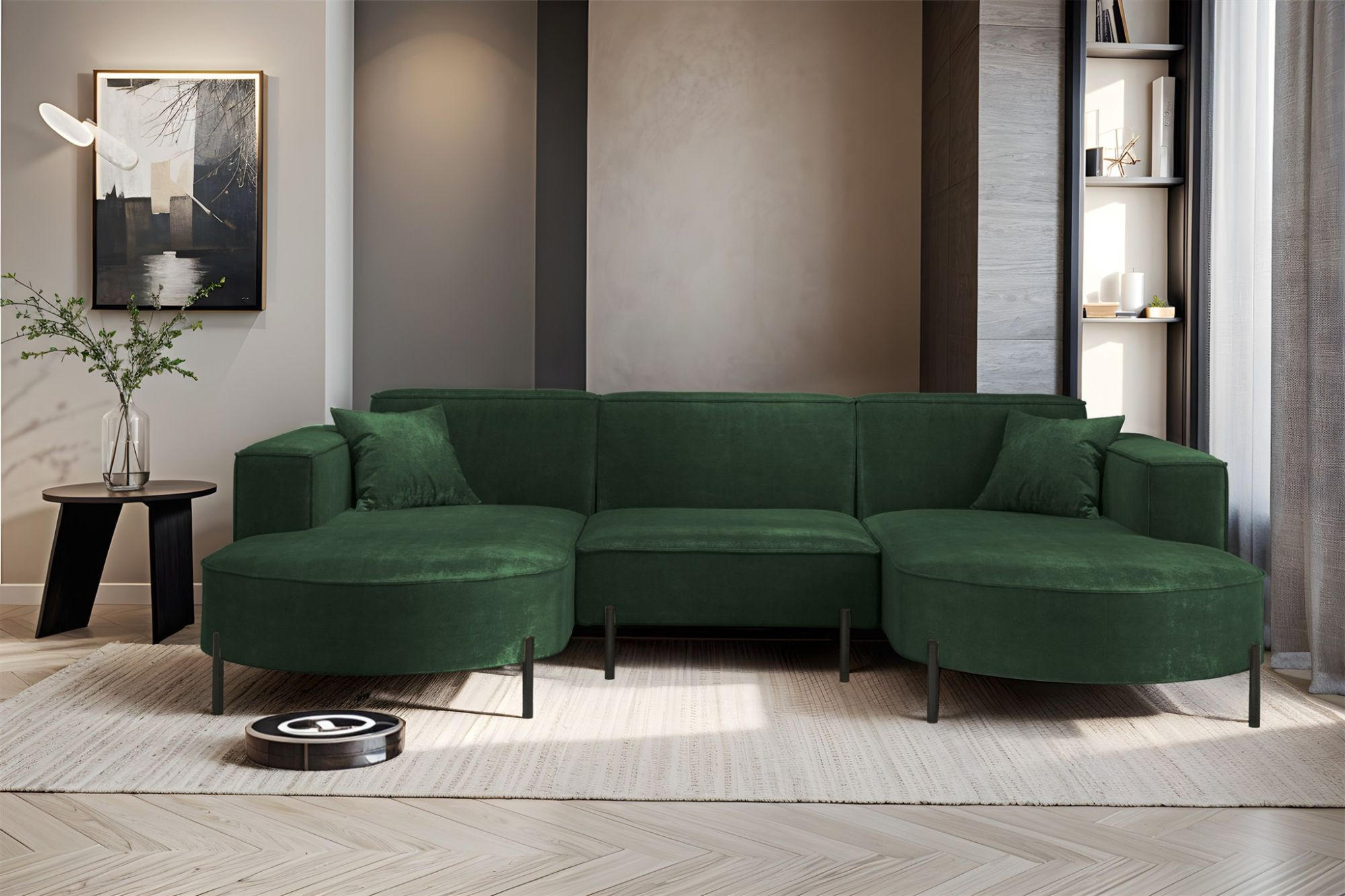 WOHNLANDSCHAFT Valencia - Dunkelgrün, Holzwerkstoff/Textil (299/80/165cm) - Fun Möbel