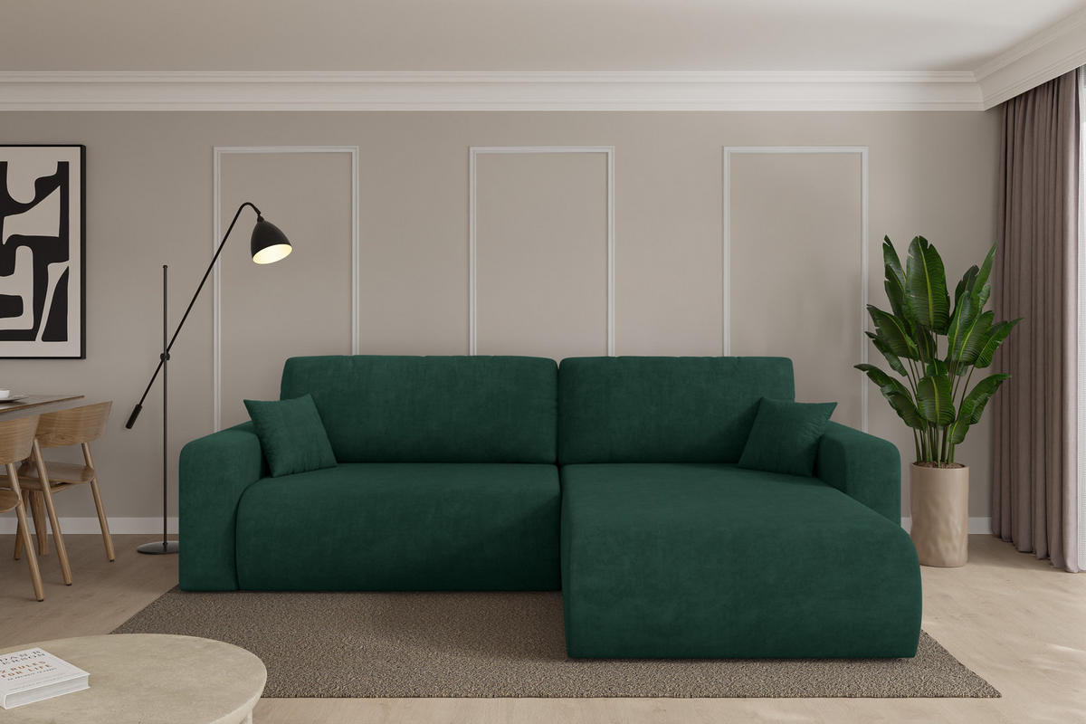 ROHOVÁ SEDAČKA s funkcí spaní, otoman vpravo BERY-L 276x193x88 zelená velur - černá/zelená barva, kompozitní dřevo/textil (276/193cm) - ALTDECOR