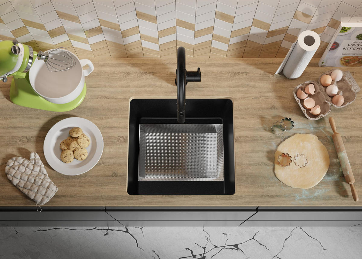 UNTERBAUSPÜLE GRANIT Venedig Easy, 2-er set Alles Schwarz 46/44 cm 1 Becken + Ablauf-Set ab 50er Unterschrank - Schwarz, Kunststoff (46/20/44cm) - Primagran