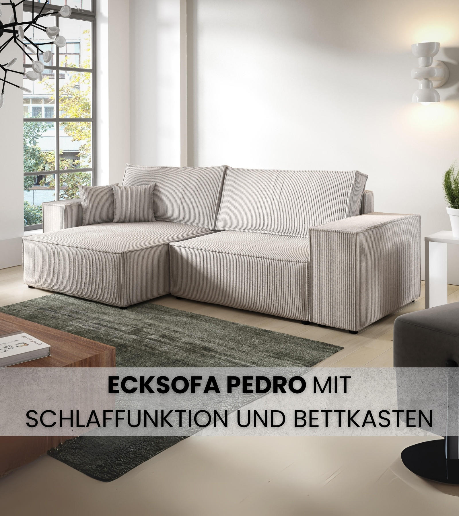 ECKSOFA Pedro mit Schlaffunktion Weiß Cord - Weiß, Textil (255/153cm) - Bromarkt