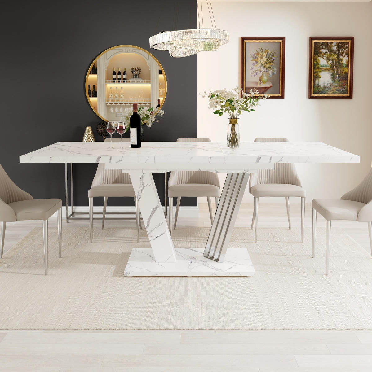 ESSTISCH aus MDF und Metall 120(160)x80x76 cm Weiß ausziehbar mit Marmordekor und flügelförmigem Gestell - Weiß, Holzwerkstoff (120/80/76cm) - Modfu