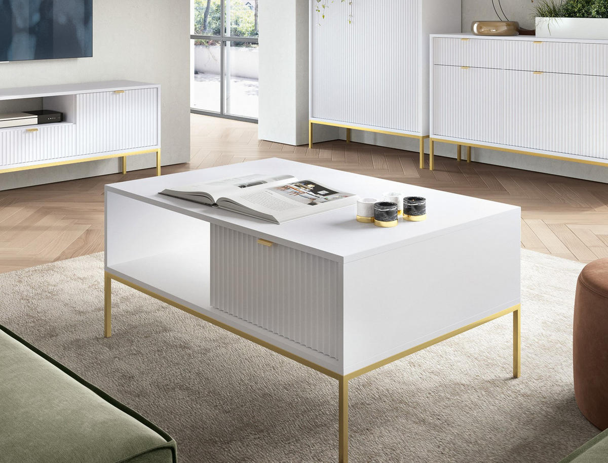 COUCHTISCH Kioto 104 cm in Weiß mit Schubladen und Metallbeinen - Goldfarben/Schwarz, Holzwerkstoff/Metall (68/104/46cm) - Ravio