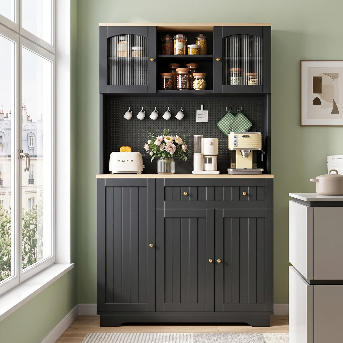 KÜCHENSCHRANK Schwarz mit Vitrinentüren, Lochblech & verstellbaren Böden - Schwarz, Holzwerkstoff (103.5/180/40cm) - Urban Meuble