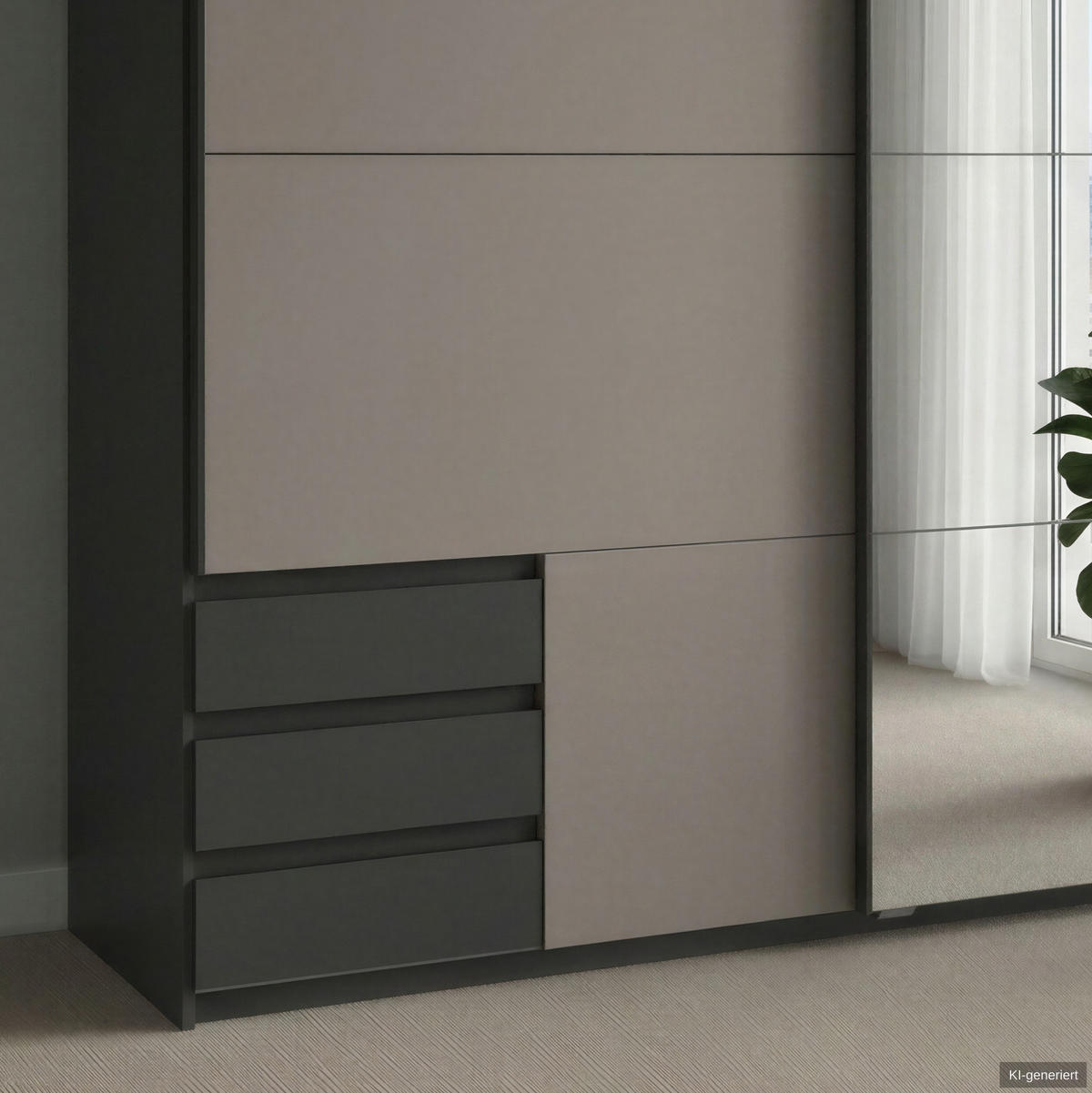 SCHWEBETÜRENSCHRANK 2-türig B179/H198/T65 cm, Kleiderschrank mit Spiegel & sichtbaren Schubkästen in Grafit, 1x Tür in Sandgrau / 22708 - Sandfarben/Schwarz, Holz/Holzwerkstoff (179/198/65cm) - luma-home