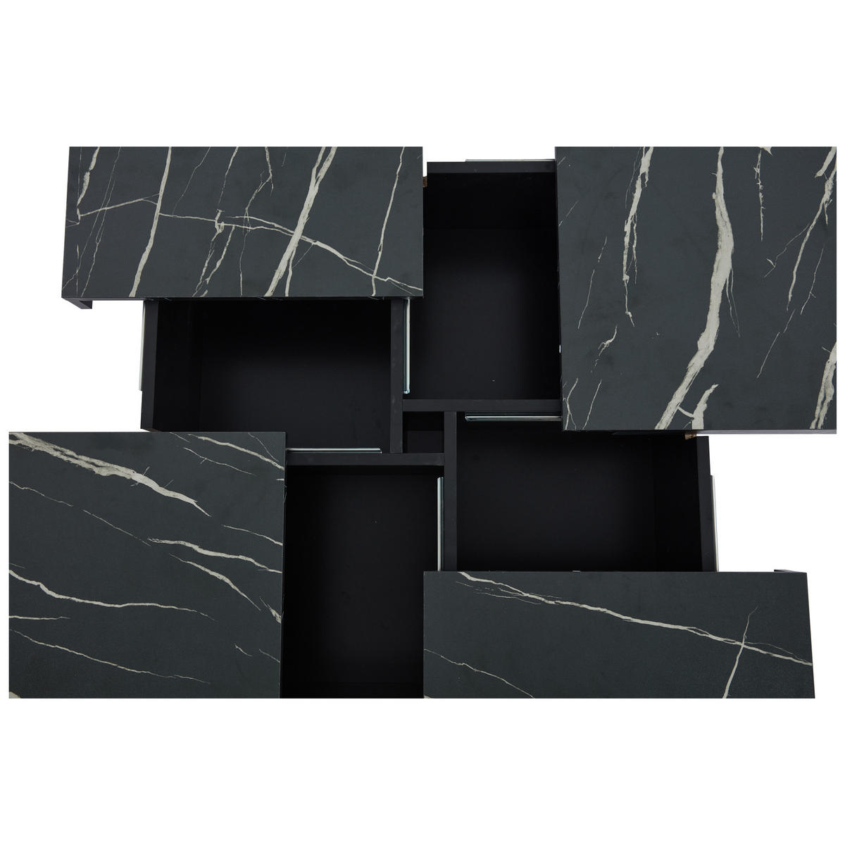 COUCHTISCH 90/90/25 cm schwarz mit Marmor-Optik und 4 Schubladen - Schwarz, Holzwerkstoff (90/90/25cm) - OKWISH