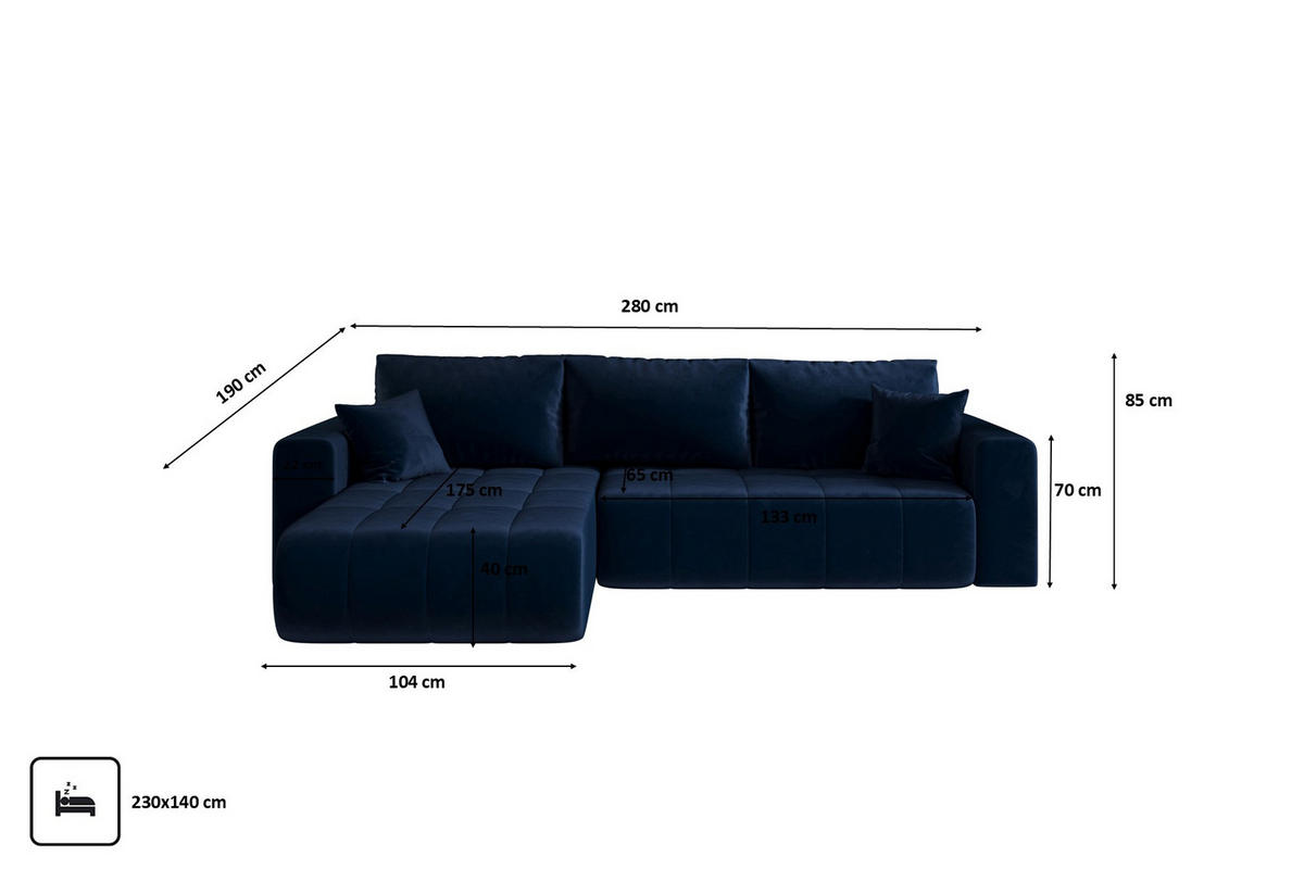 ECKSOFA mit schlaffunktion und bettkasten MILO, stoff MONOLITH, Dunkelblau, Links - Dunkelblau, Holz (280/190cm) - Kaiser Möbel
