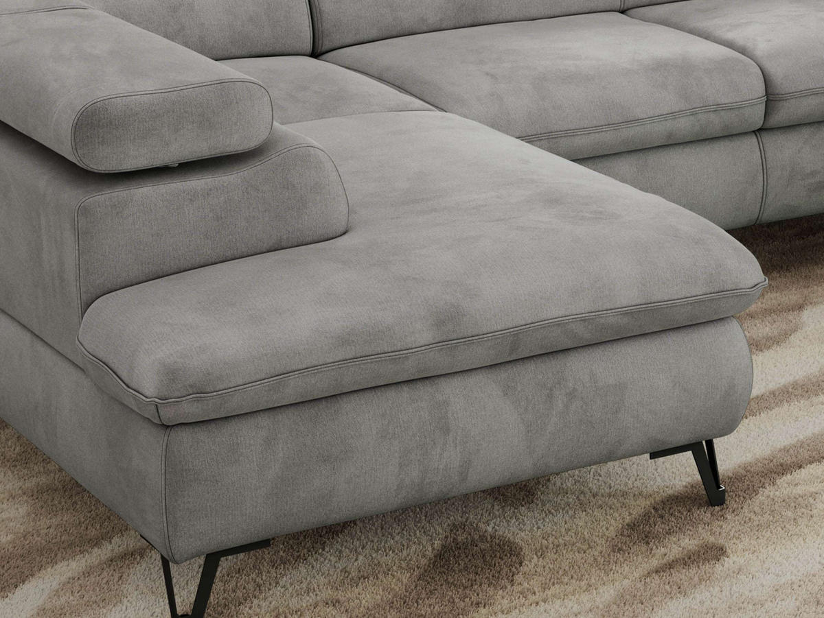 WOHNLANDSCHAFT PABLO U Velvet Hellgrau mit Topper Visco - Hellgrau/Schwarz, Textil/Metall (346/76/208cm) - MKS