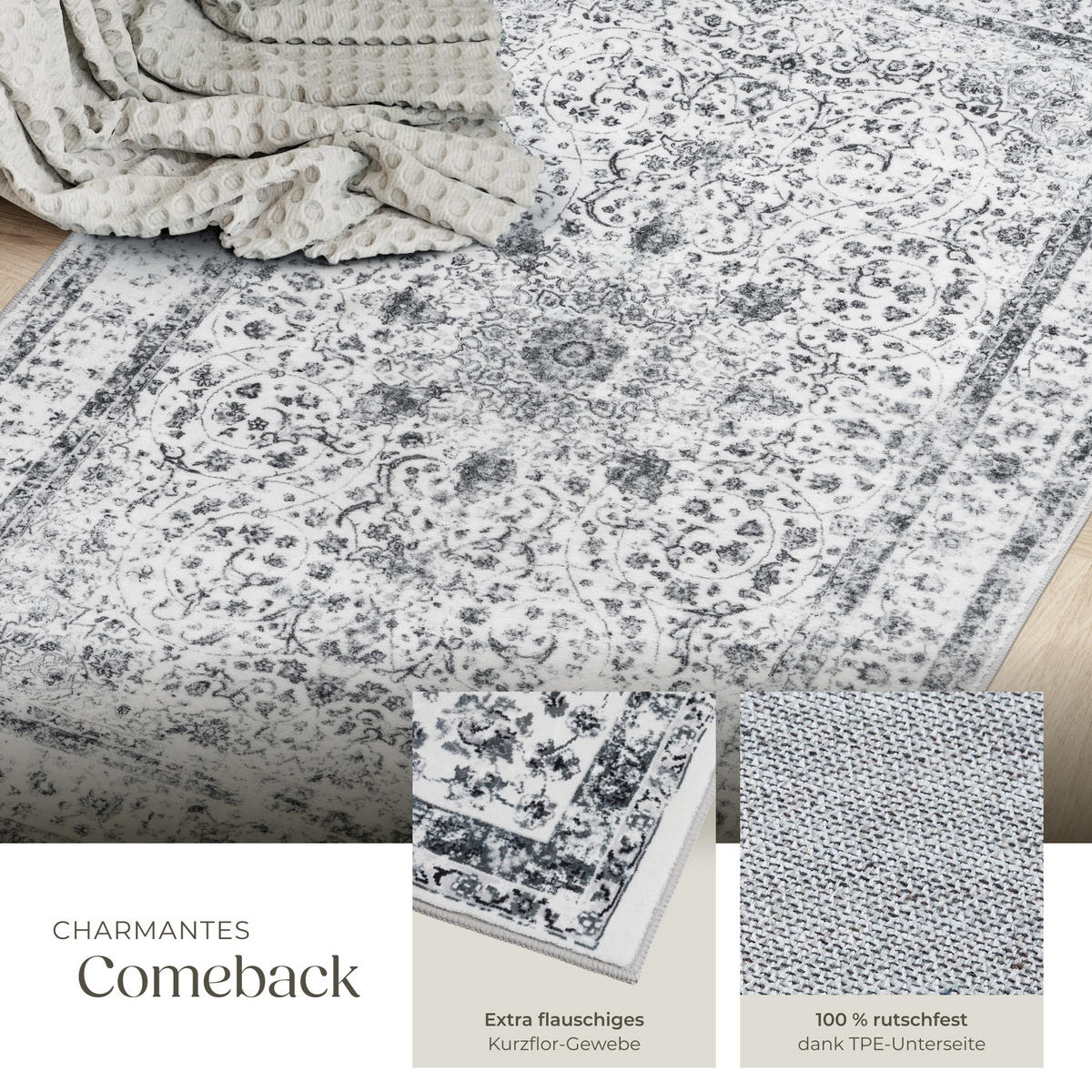 TEPPICH Vintage Design Aliya,rutschfeste Unterseite,grau - Grau, Kunststoff (80/150cm) - tectake