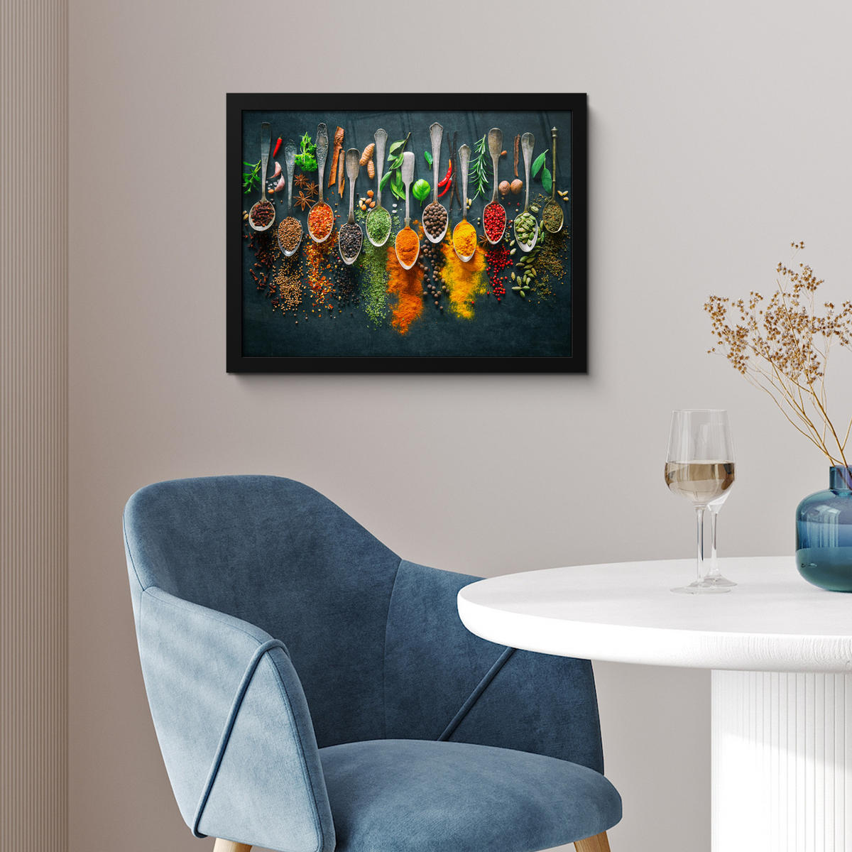 POSTER MIT RAHMENGERAHMTES BILD - Kräuter - Gewürze - Löffel - 40x30 cm - Currygelb, Papier (40/30cm) - MuchoWow