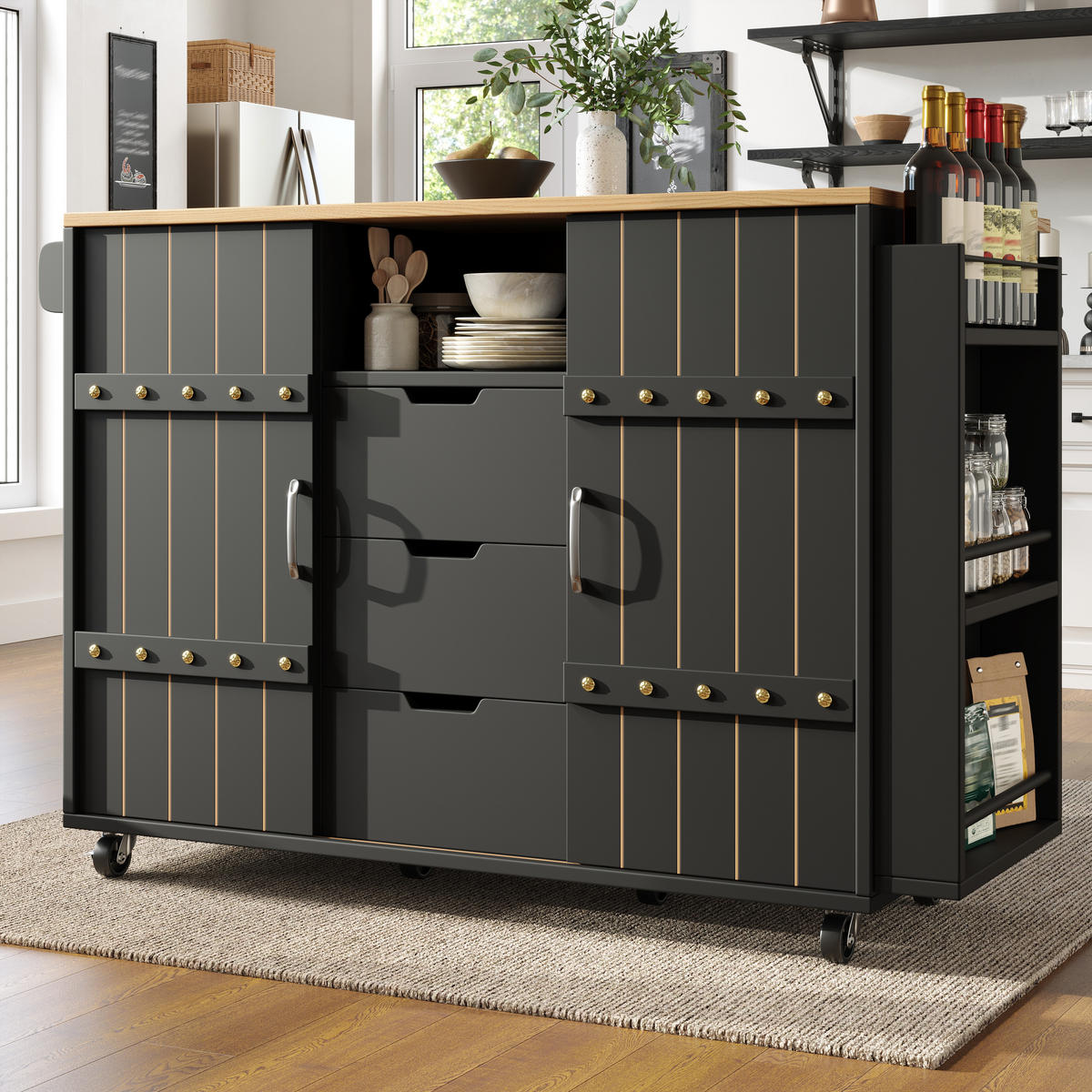 KÜCHENINSEL in Schwarz Küchenwagen mit Holzmaserung, Rollen, Arbeitsplatte,Gewürzregal und Handtuchhalter,B110/T42/H90cm - Schwarz, Holzwerkstoff/Metall (110/90/42cm) - STILVORA