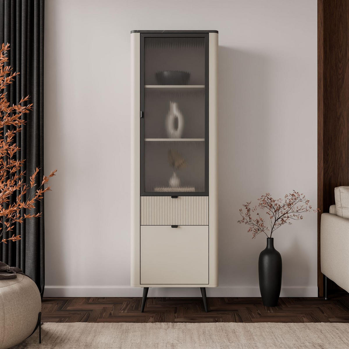 VITRINE schmal AUTUMN 1D1S1W mit Schublade, Kaschmir / Grauer Stein - Beige/Grau, Holzwerkstoff (60/191/40cm) - Lookway