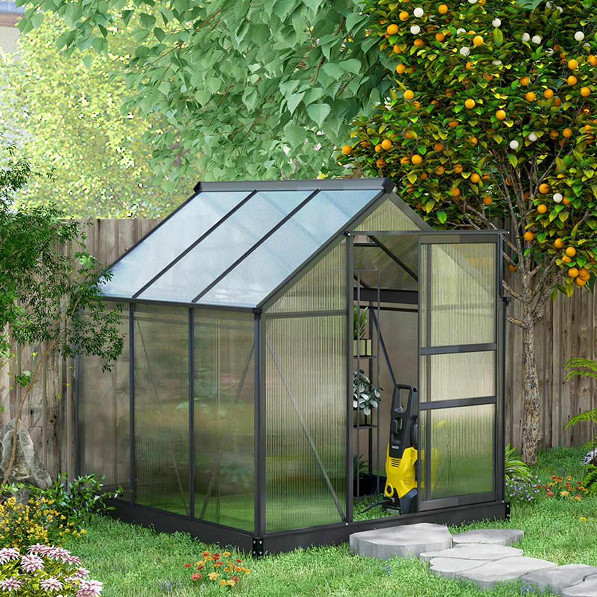 GEWÄCHSHAUS DE-11969 3,65 m² Polycarbonat mit Dachluke & Regenrinne Grau - Grau, Metall (487.68/510.54/482.6cm) - ComfortXL