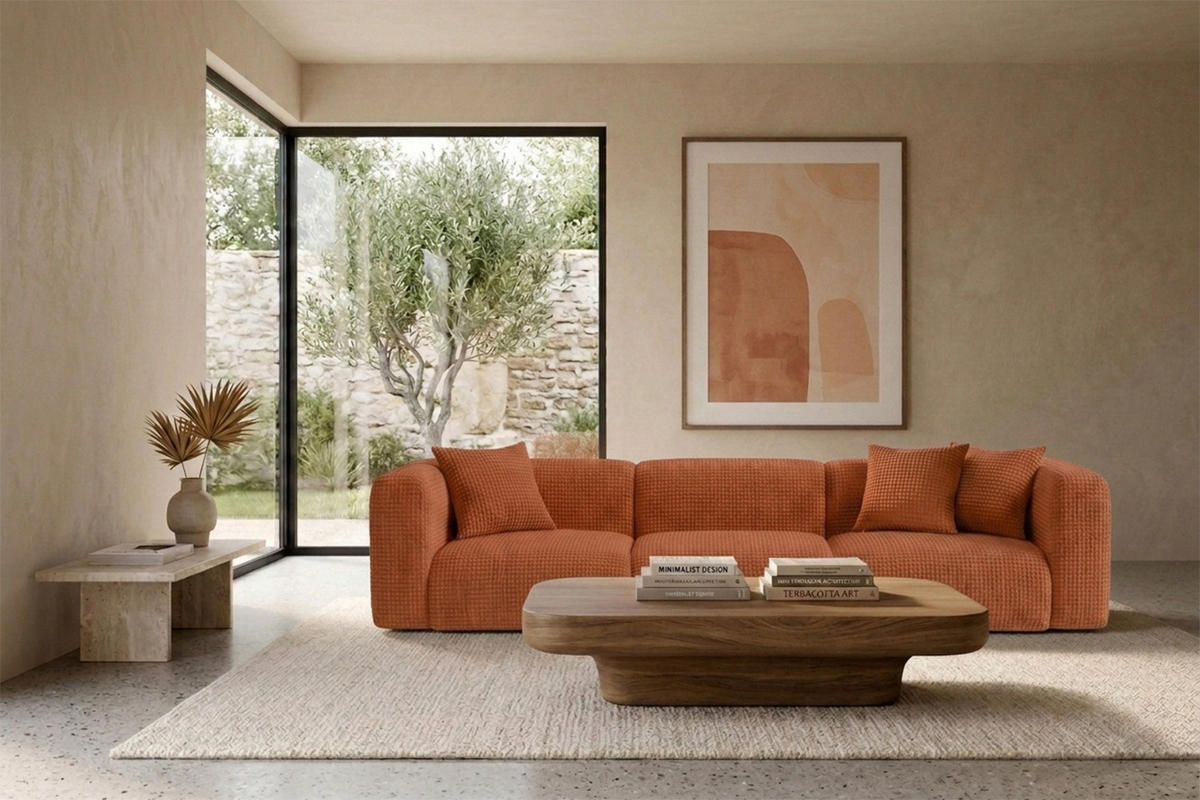 SOFA 3-Sitzer, Chenille-Stoff Cremona, Kupfer, GRETA - Kupferfarben, Holz (319/70/89cm) - Kaiser Möbel
