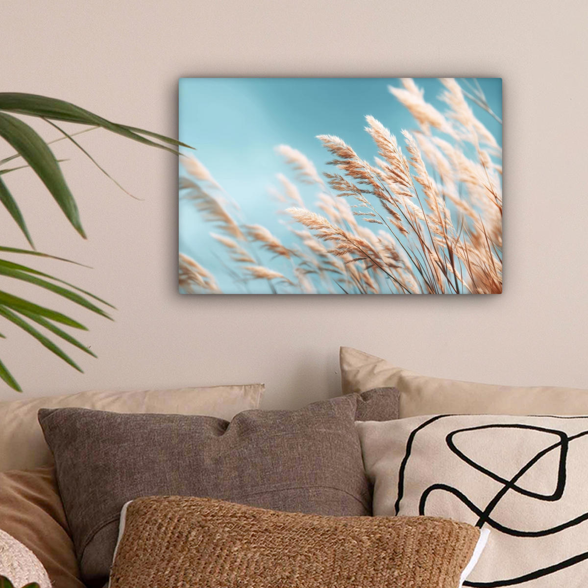 LEINWANDBILD Ziergras - Wind - Hellbraun Deko Schlafzimmer 30x20 cm - Hellblau, Textil (30/20cm) - MuchoWow