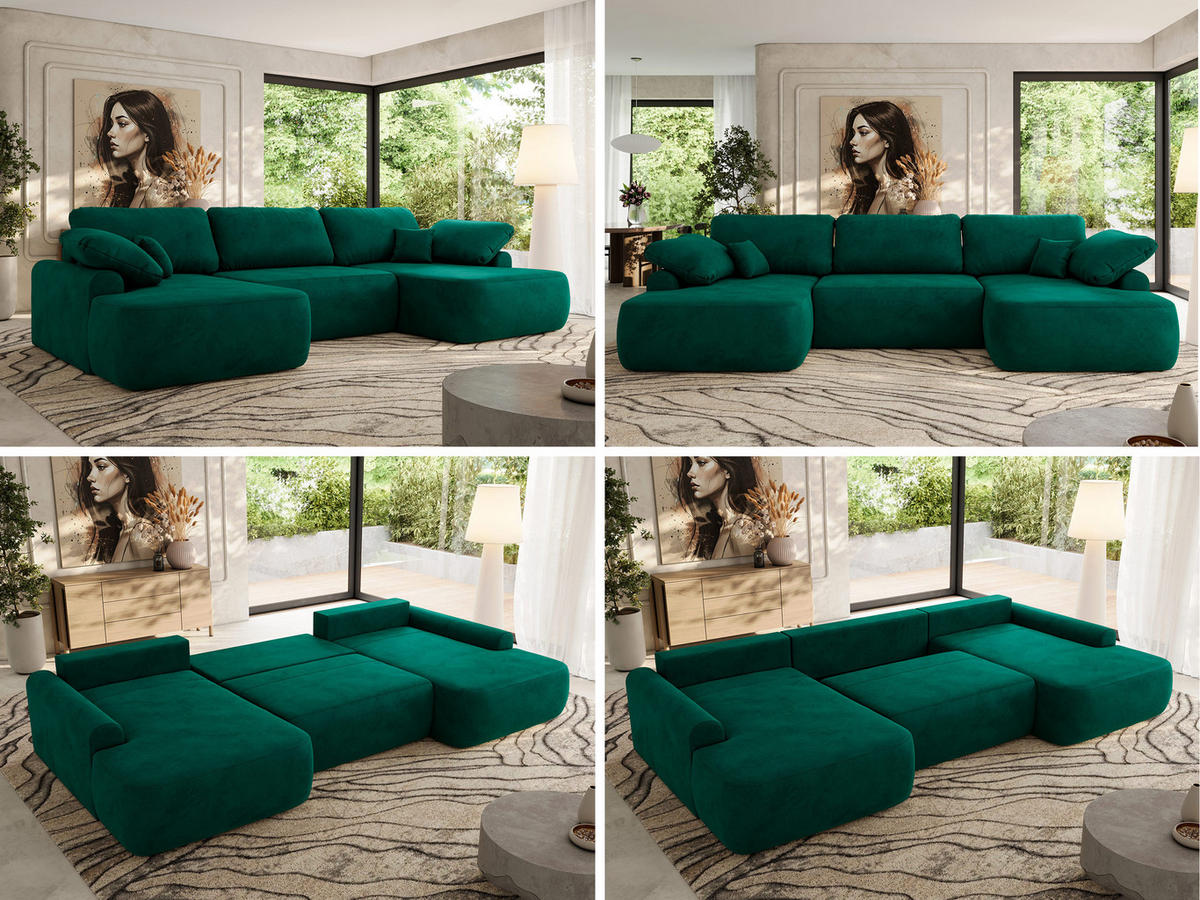 WOHNLANDSCHAFT CUBO U Dunkelgrün Velvet - Dunkelgrün/Schwarz, Kunststoff/Textil (370/100/187cm) - MKS