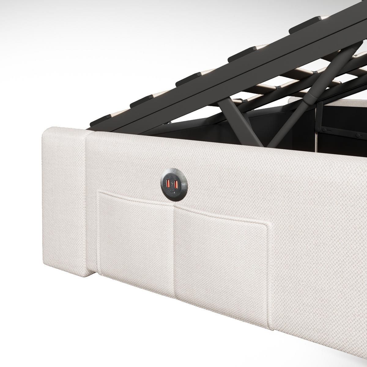 POLSTERBETT 140/200 cm Beige Hydraulisches Stauraumbett mit LED-Beleuchtung - Beige, Textil (140/200cm) - OKWISH