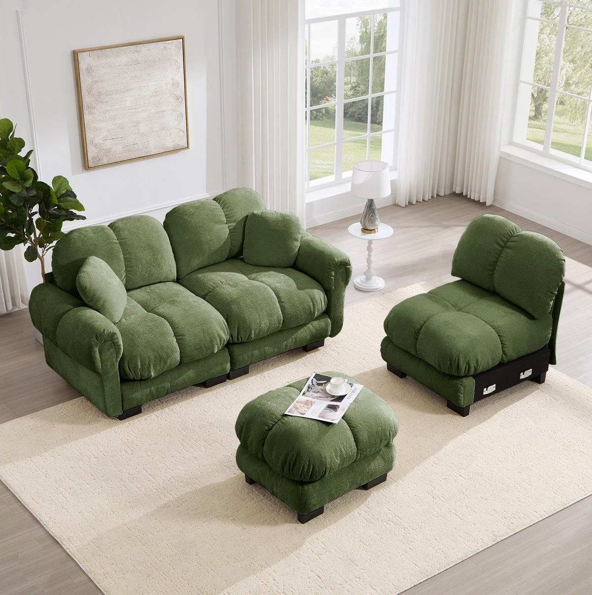 SOFA 260/149/90 cm in Grün aus Chenille mit Ottomane und 2 Kissen - Grün, Textil (149/90/260cm) - Flora Grace