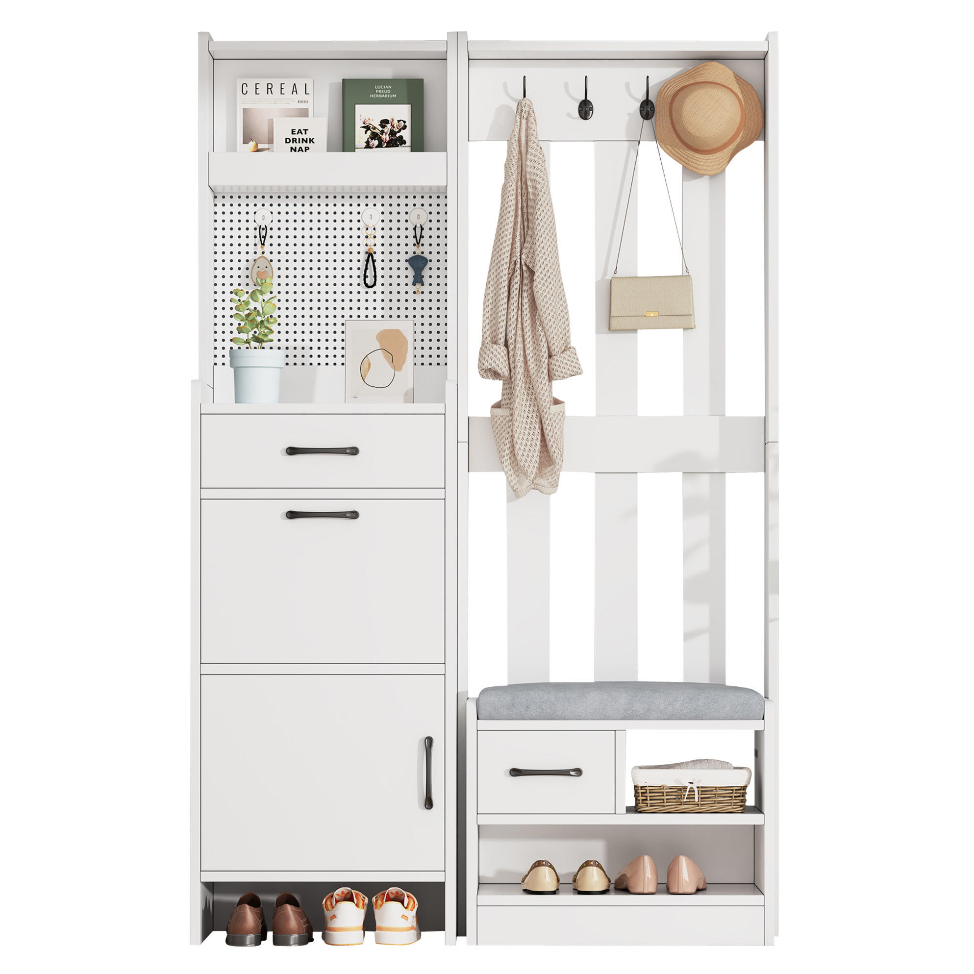 GARDEROBE 110/175,5/35 cm Weiß aus Spanplatte mit Schuhbank - Weiß, Holzwerkstoff (35/175.5/110cm) - OKMYHOME
